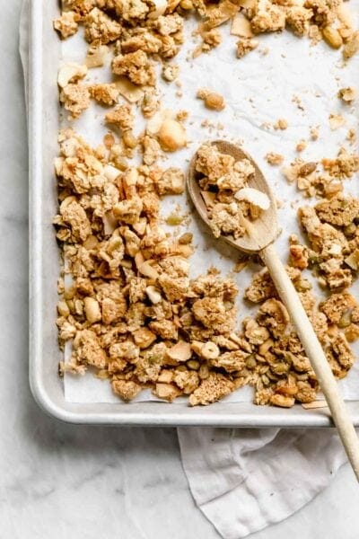 Golden Granola AKA coconut, cashew, olive oil granola wtih golden raisins (our fav) is perfectly salty and sweet. Delicious with yogurt or by the handful and super easy to make!