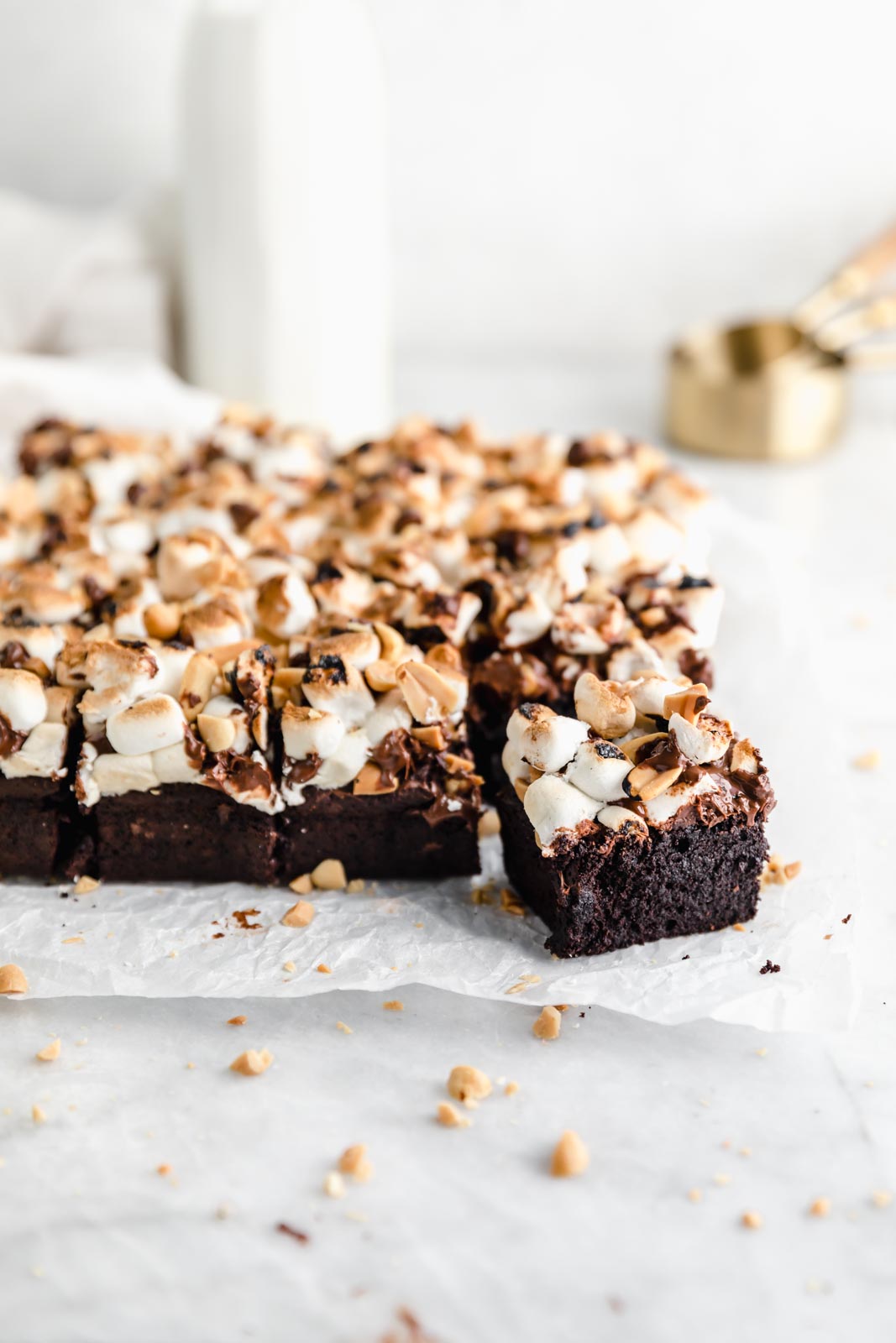rocky road brownies with marshmallows peanuts and chocolate topping
