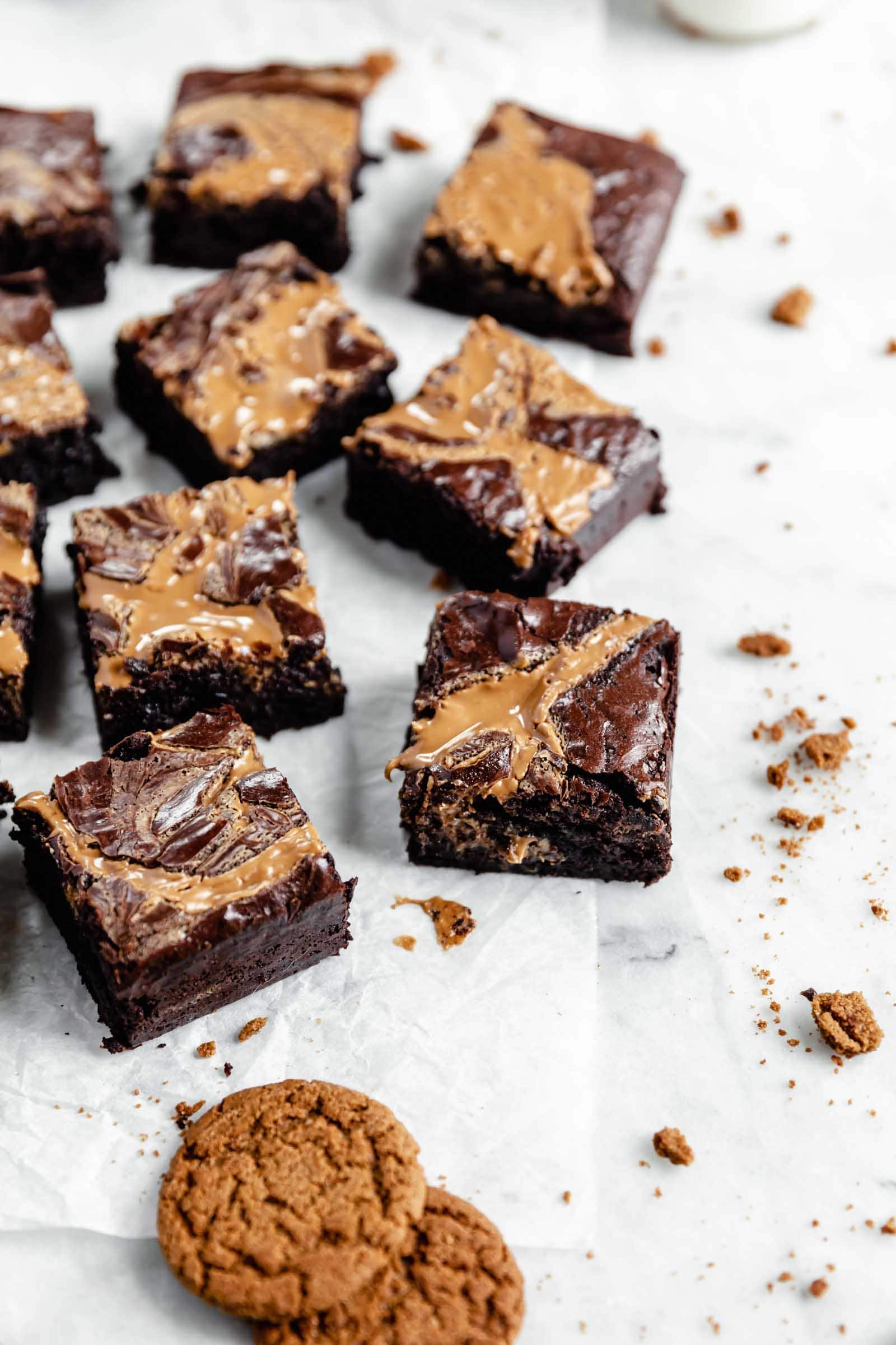 cookie butter brownies cut into squares