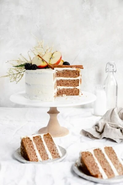 caramel apple cake with two slices on plates