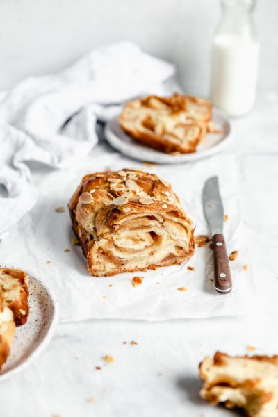 cinnamon apple babka loaf cut into with slices to the side