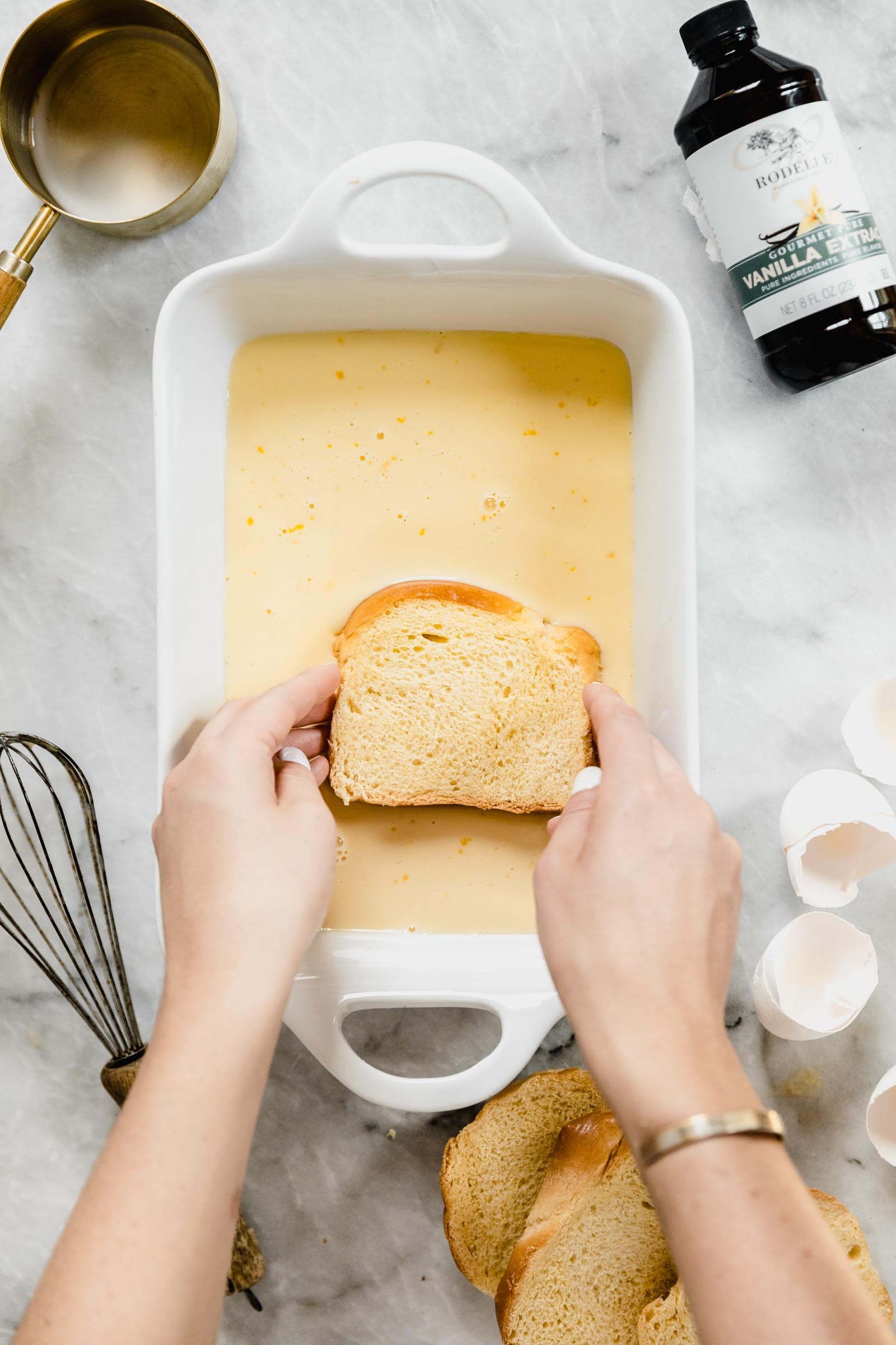 dip one piece of bread in at a time to soak