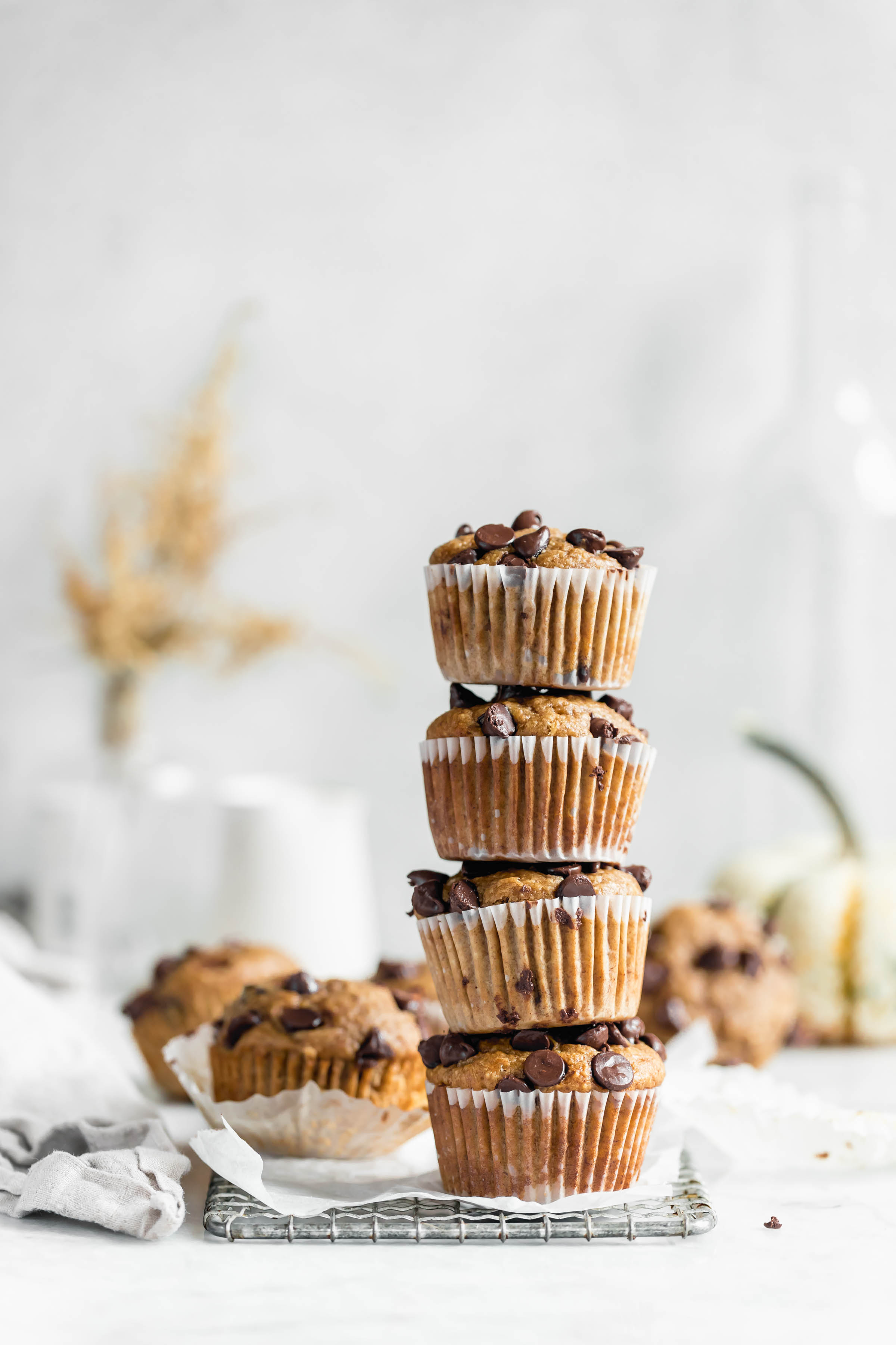 What do you need? This full stack of one bowl healthy peanut butter banana muffins!