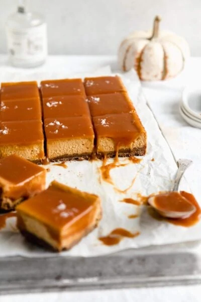 Starting a fan club for these salted caramel pumpkin cheesecake bars with a zingy gingersnap crust. Accepting applications to join me :)