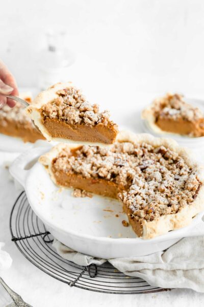 This perfectly spiced sweet potato pie with a decadent, buttery almond streusel. The perfect addition to your pie table this Thanksgiving!