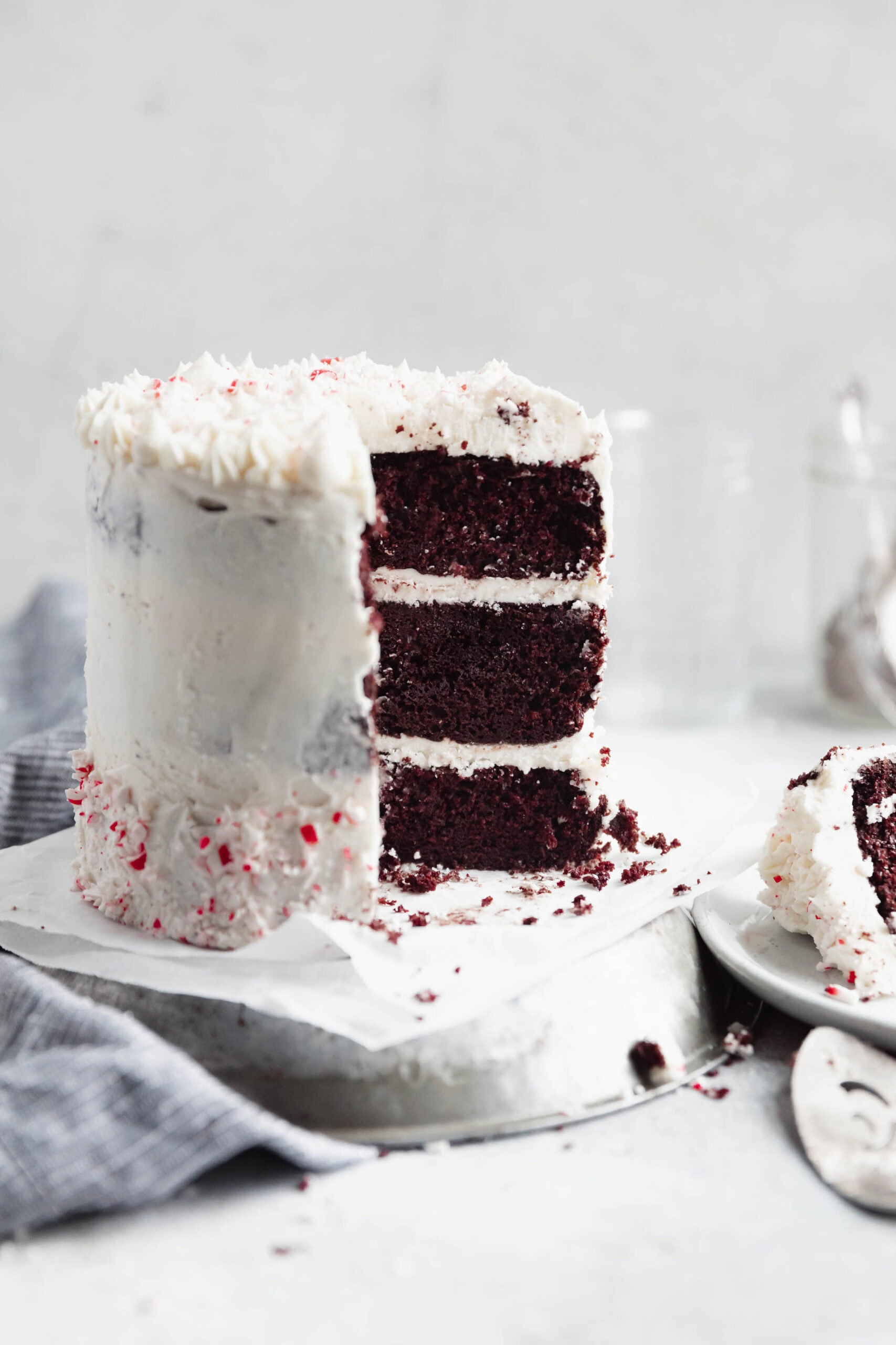 Channel all that holiday spirit into this peppermint chocolate cake AKA rich fudgy chocolate cake with thick layers of homemade peppermint buttercream! Yum!