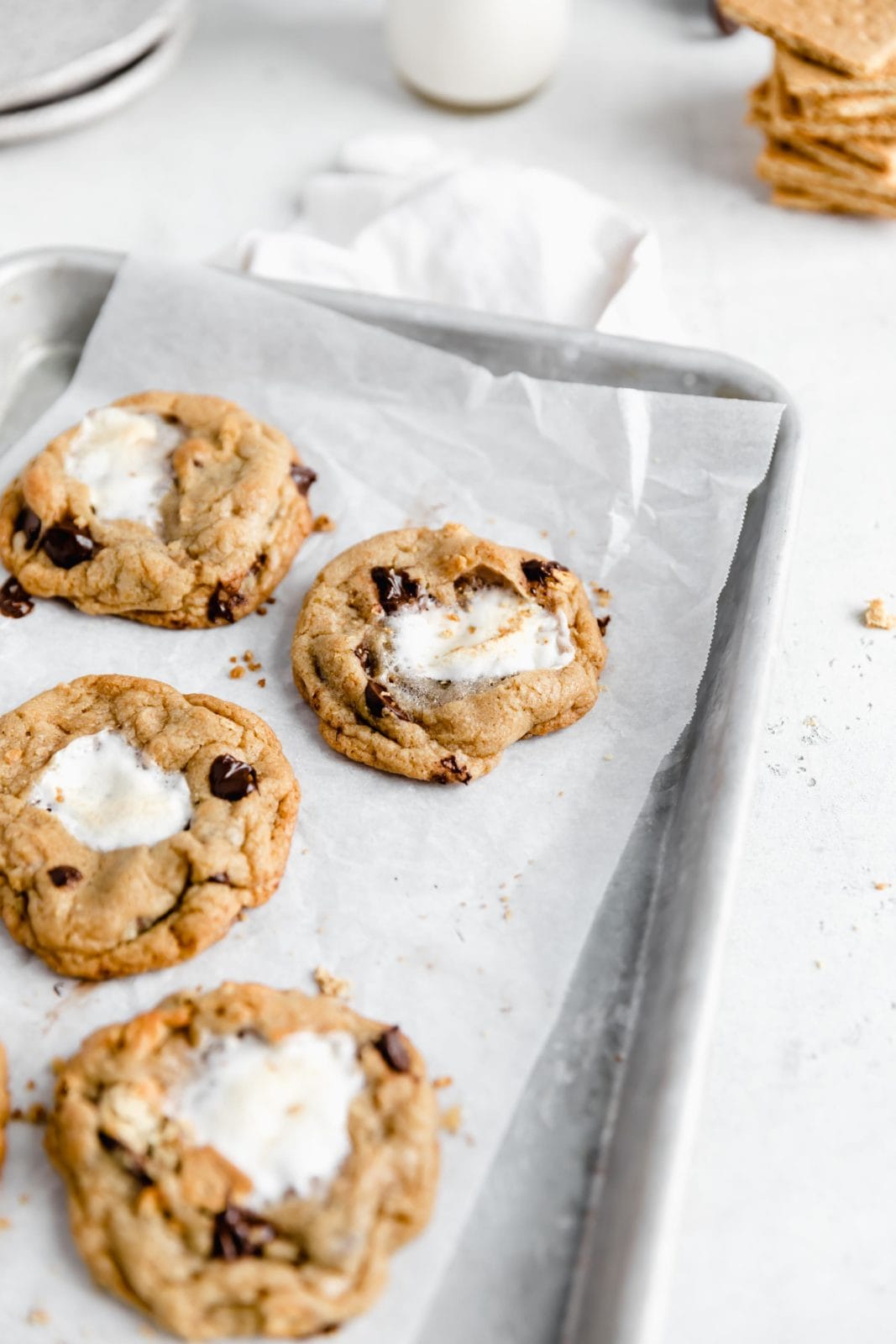 s'mores cookies with a gooey marshmallow center and chocolate chips