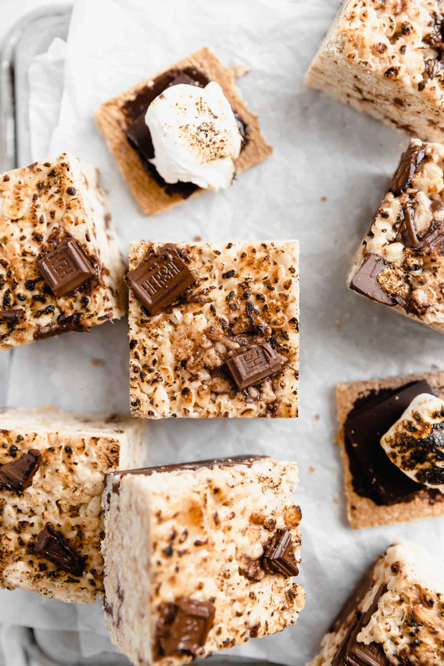 overhead shot of s'mores rice krispie treats with graham cracker smores