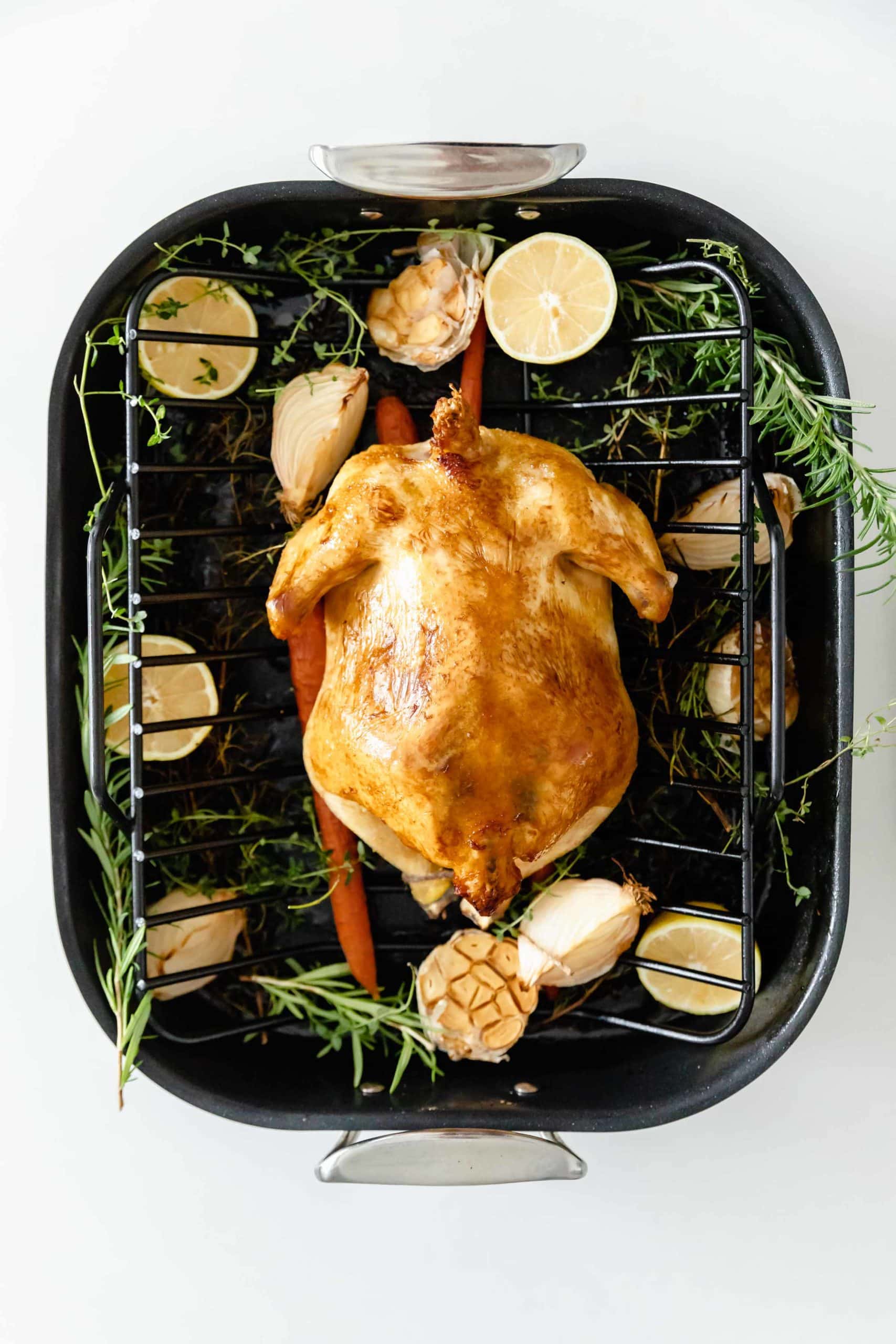 overhead shot of turkey in roasting pan for holidays