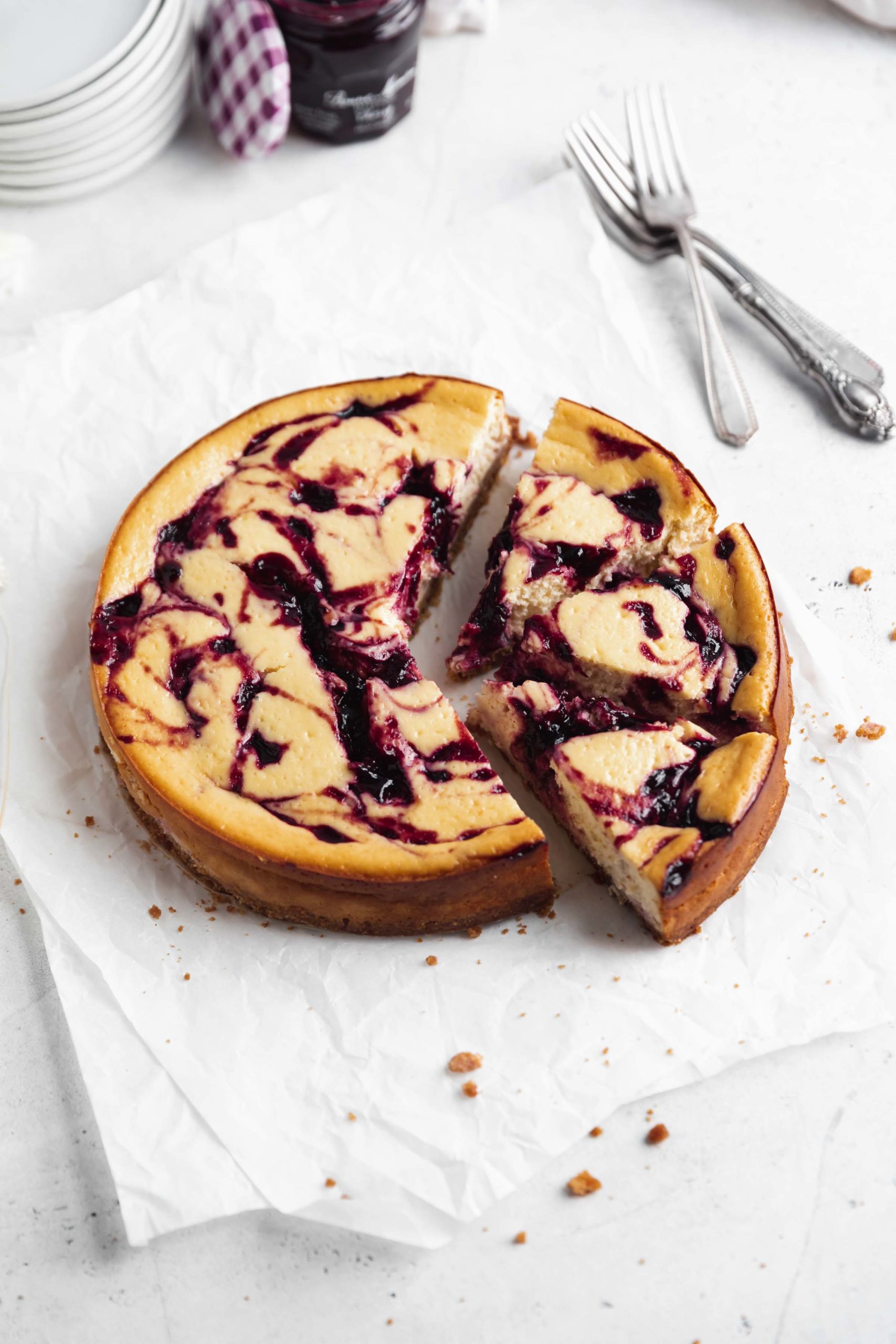 healthy cherry cheesecake with slices taken out