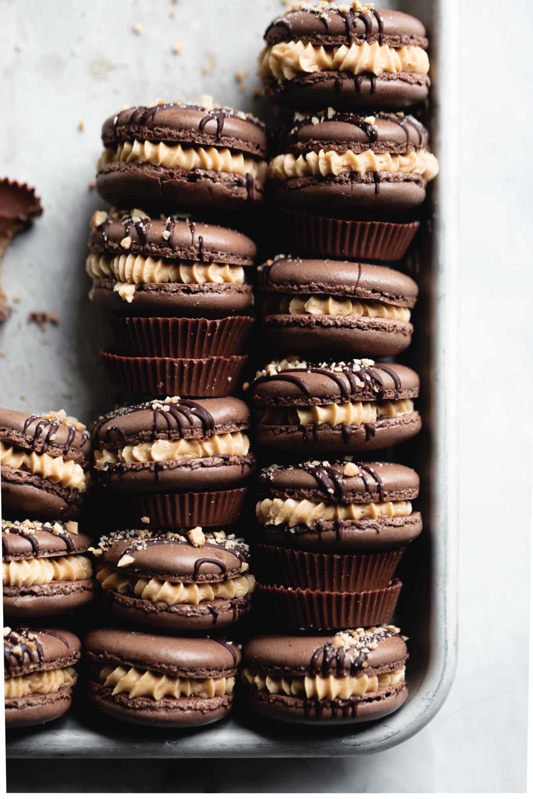 reeses macarons stacked in a line