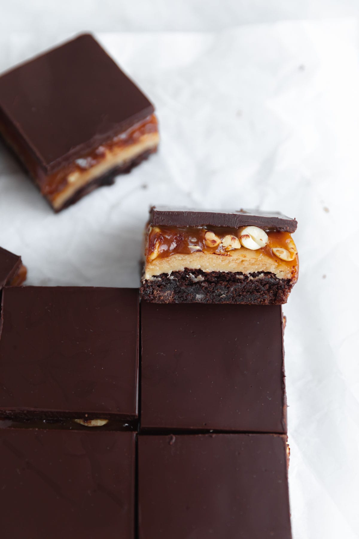 cross section of snickers brownies