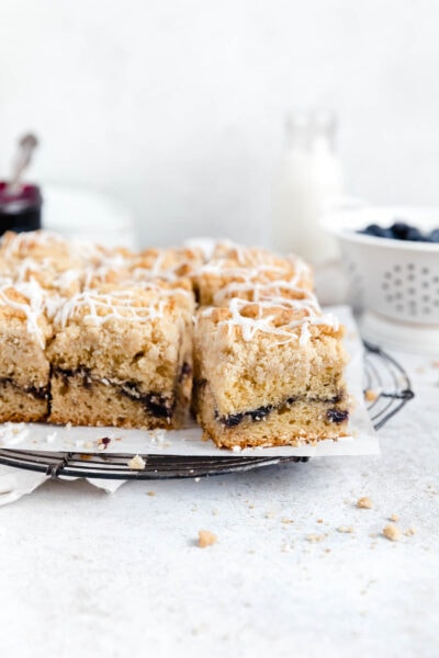 blueberry coffee cake on a cooling rack
