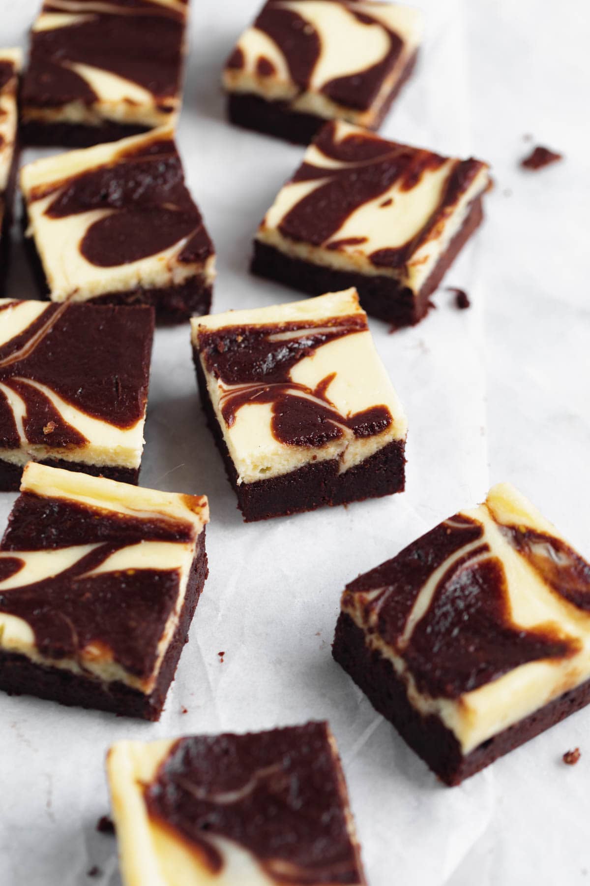 cream cheese brownies on a marble counter