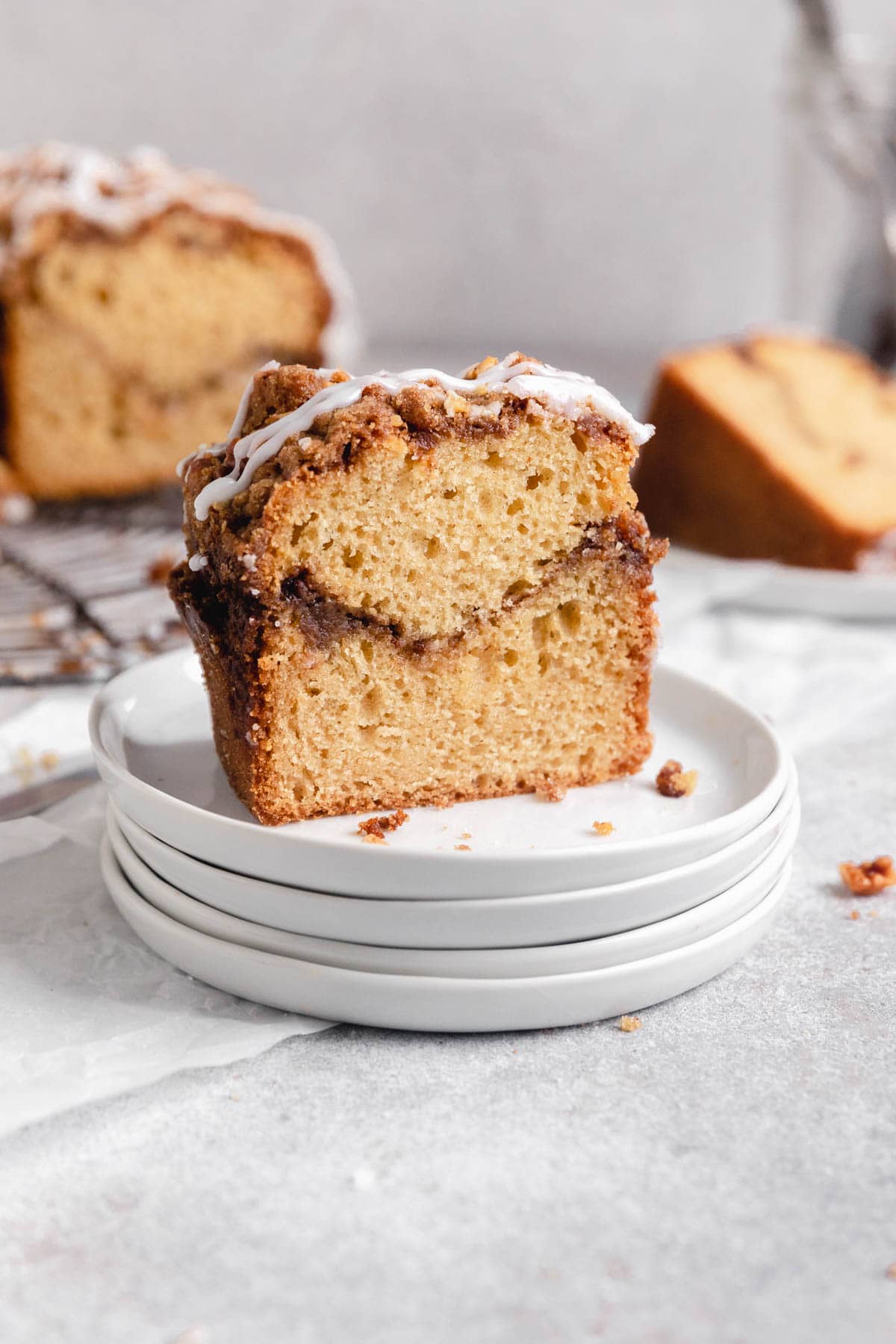 slice of classic coffee cake with buttery streusel
