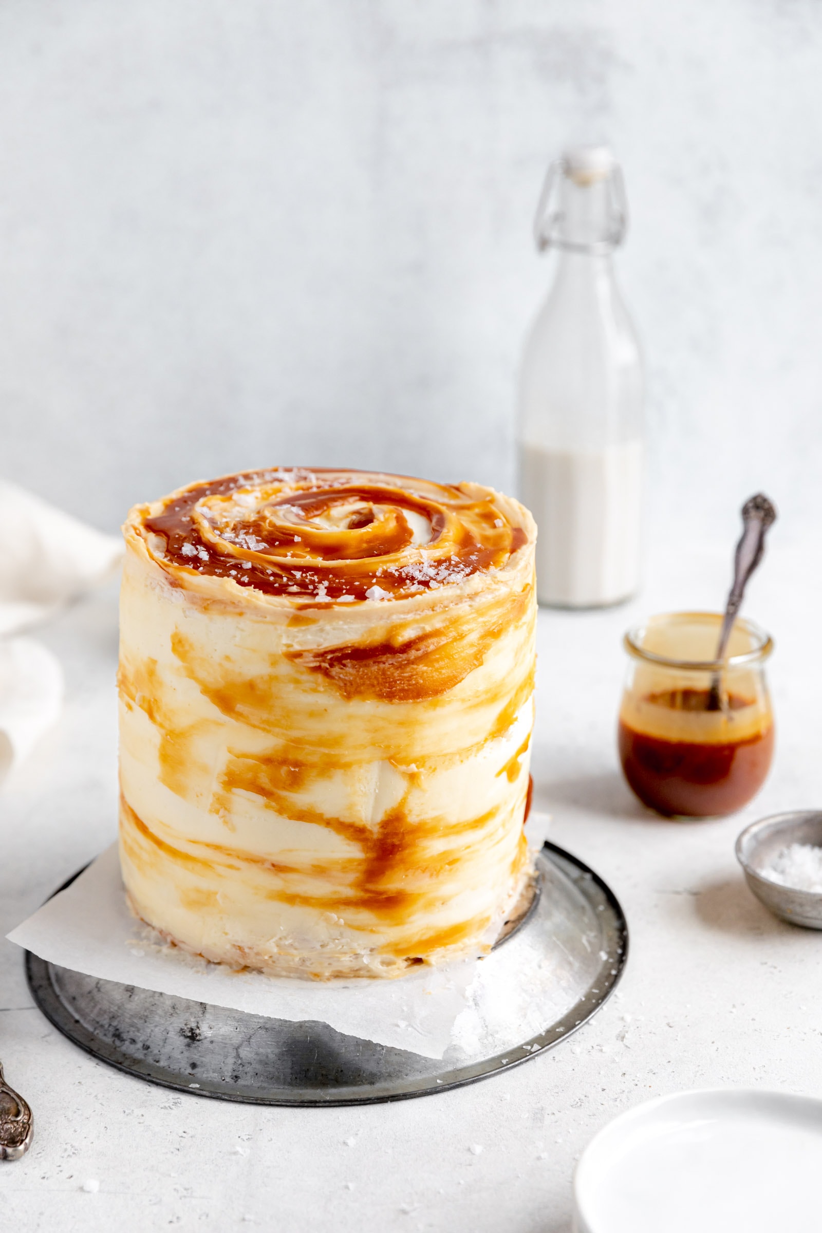 caramel layer layer cake with caramel swirl buttercream