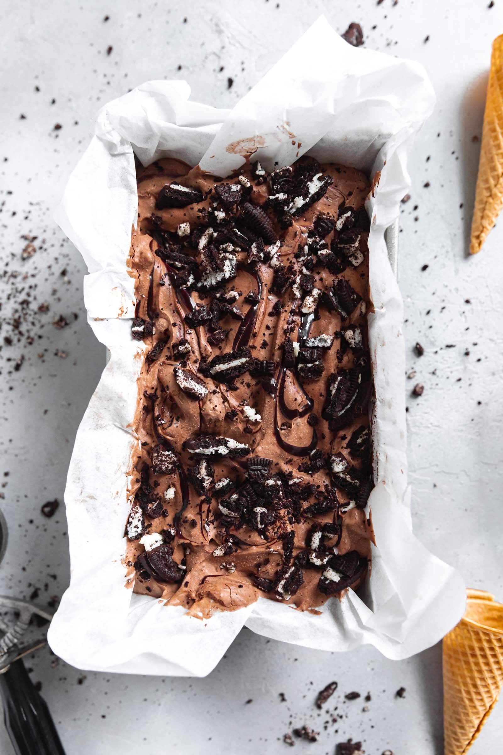 chocolate oreo ice cream in a pan