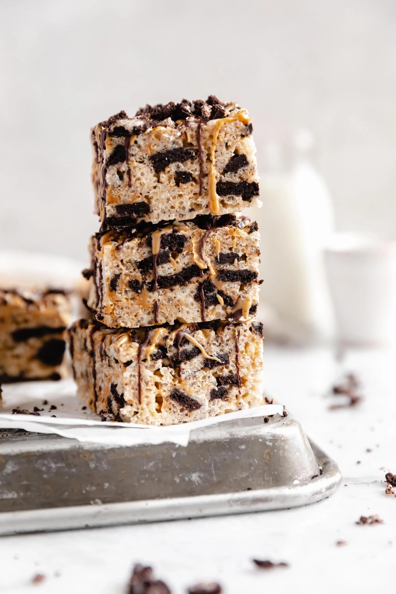 stack of peanut butter oreo rice krispies