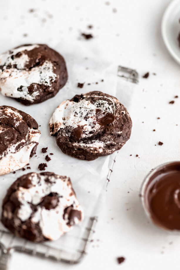 chocolate marshmallow cookies on a cooling rack