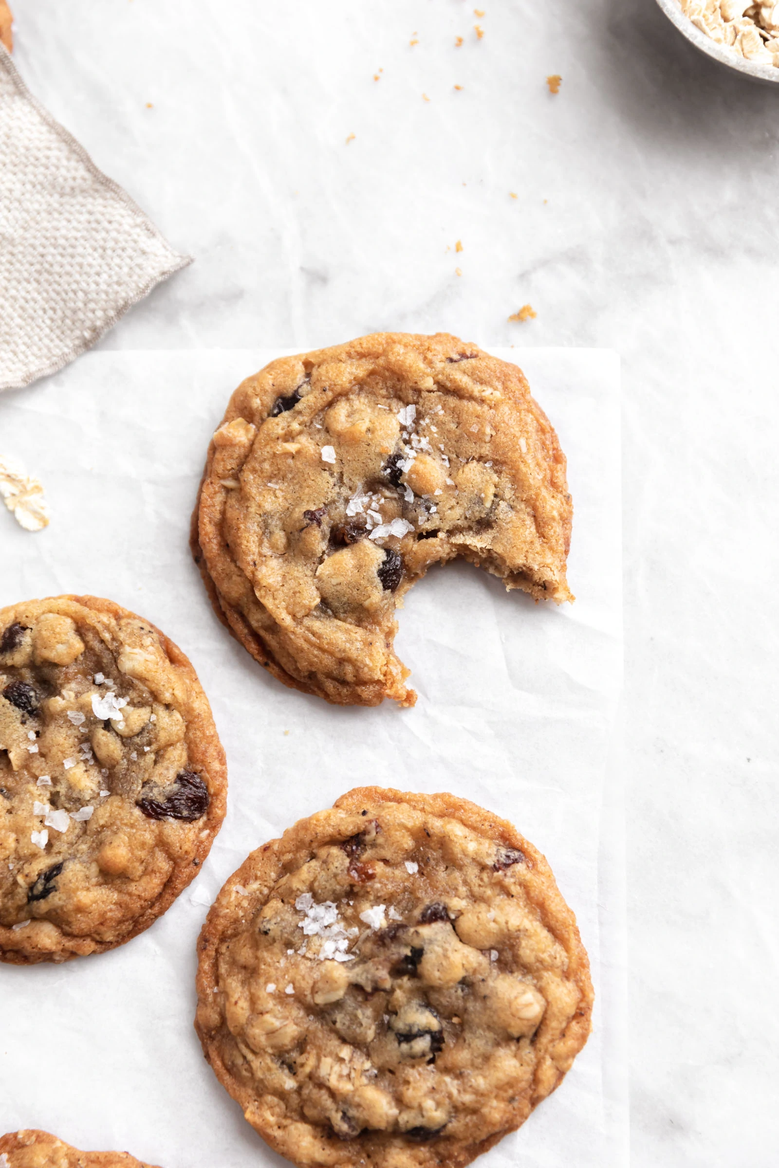 brown butter oatmeal raisin cookies on marble