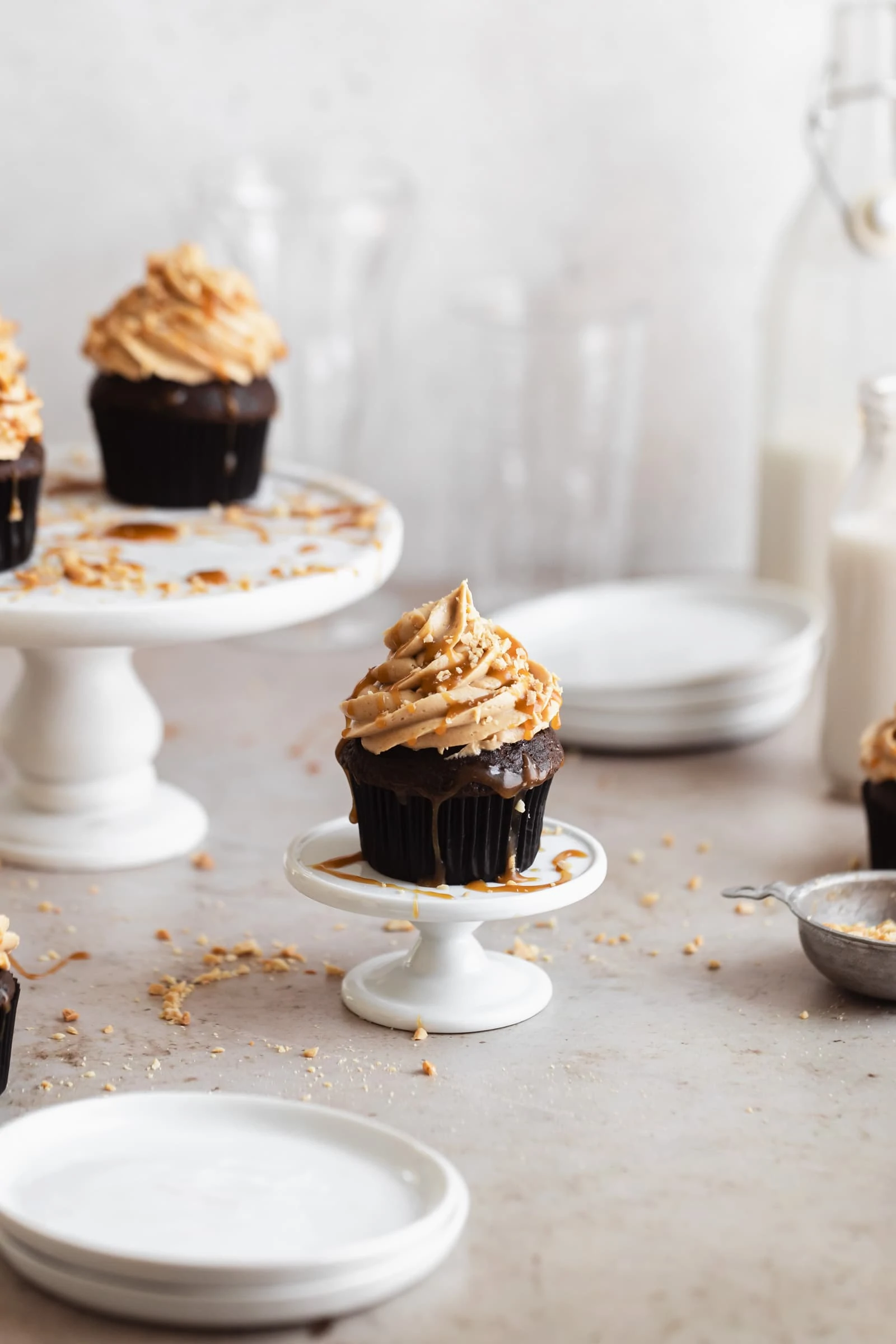 chocolate peanut butter cupcakes with caramel drizzle