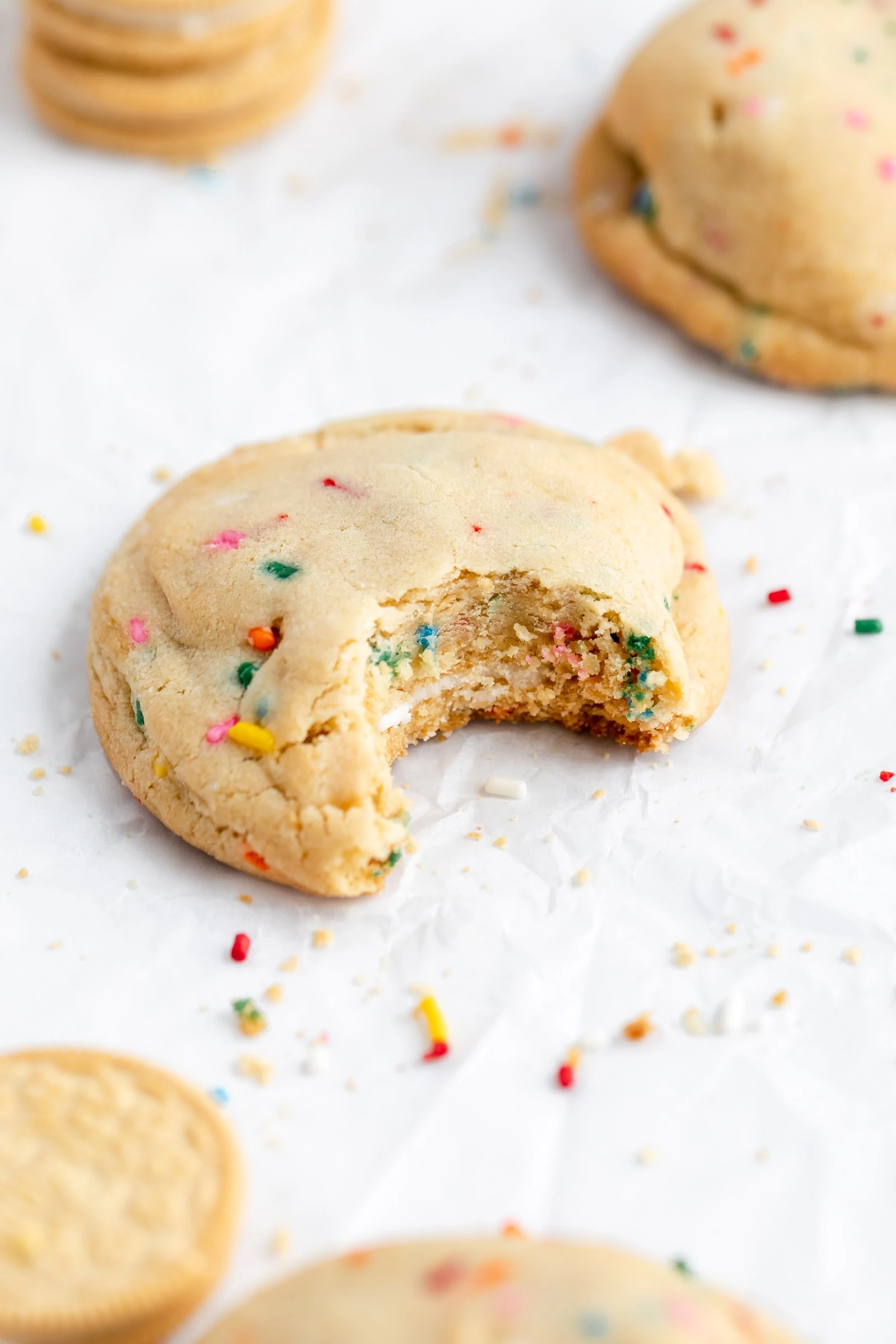 funfetti cookies with an oreo in the middle