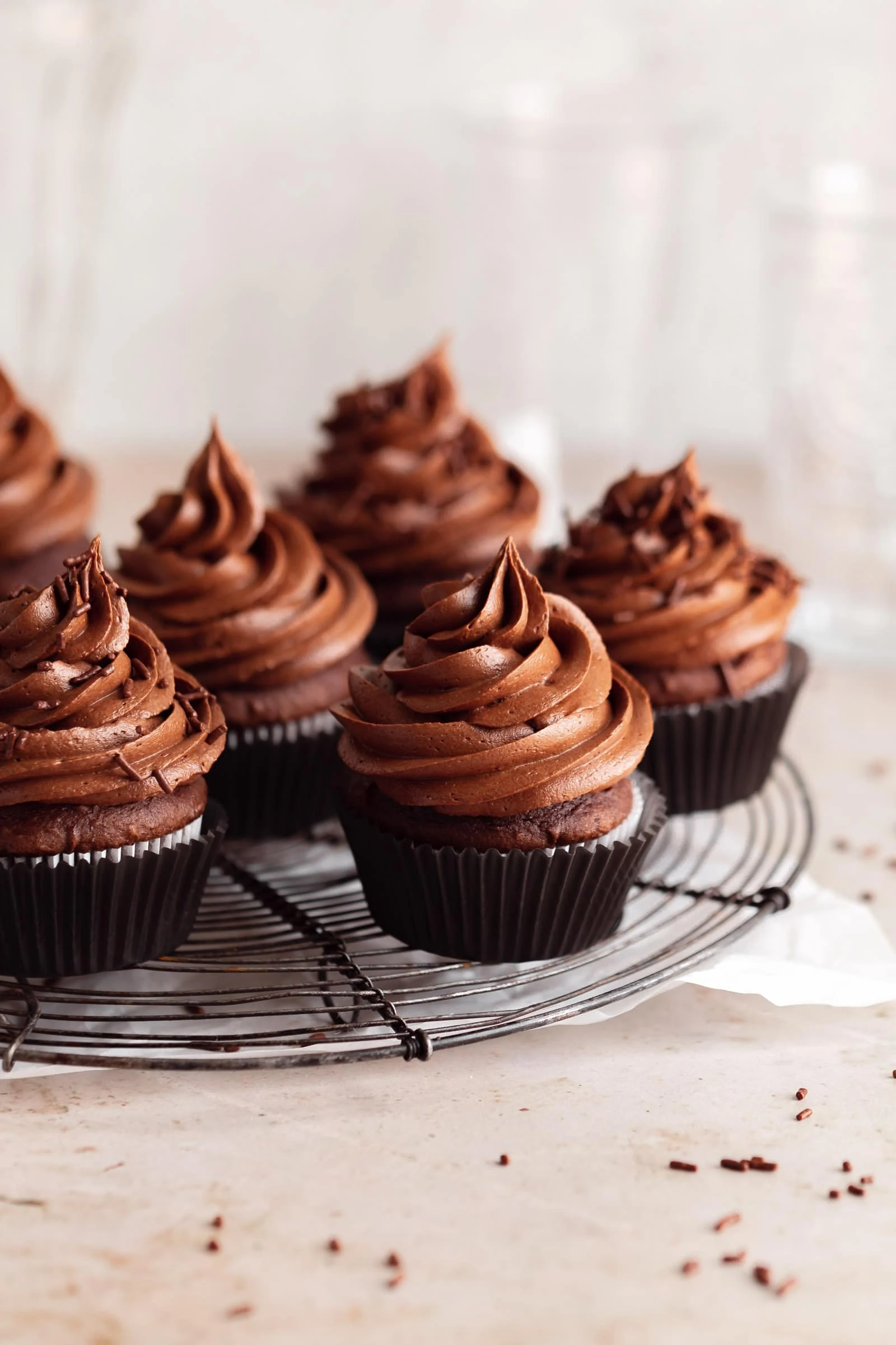 chocolate frosting on chocolate cupcakes