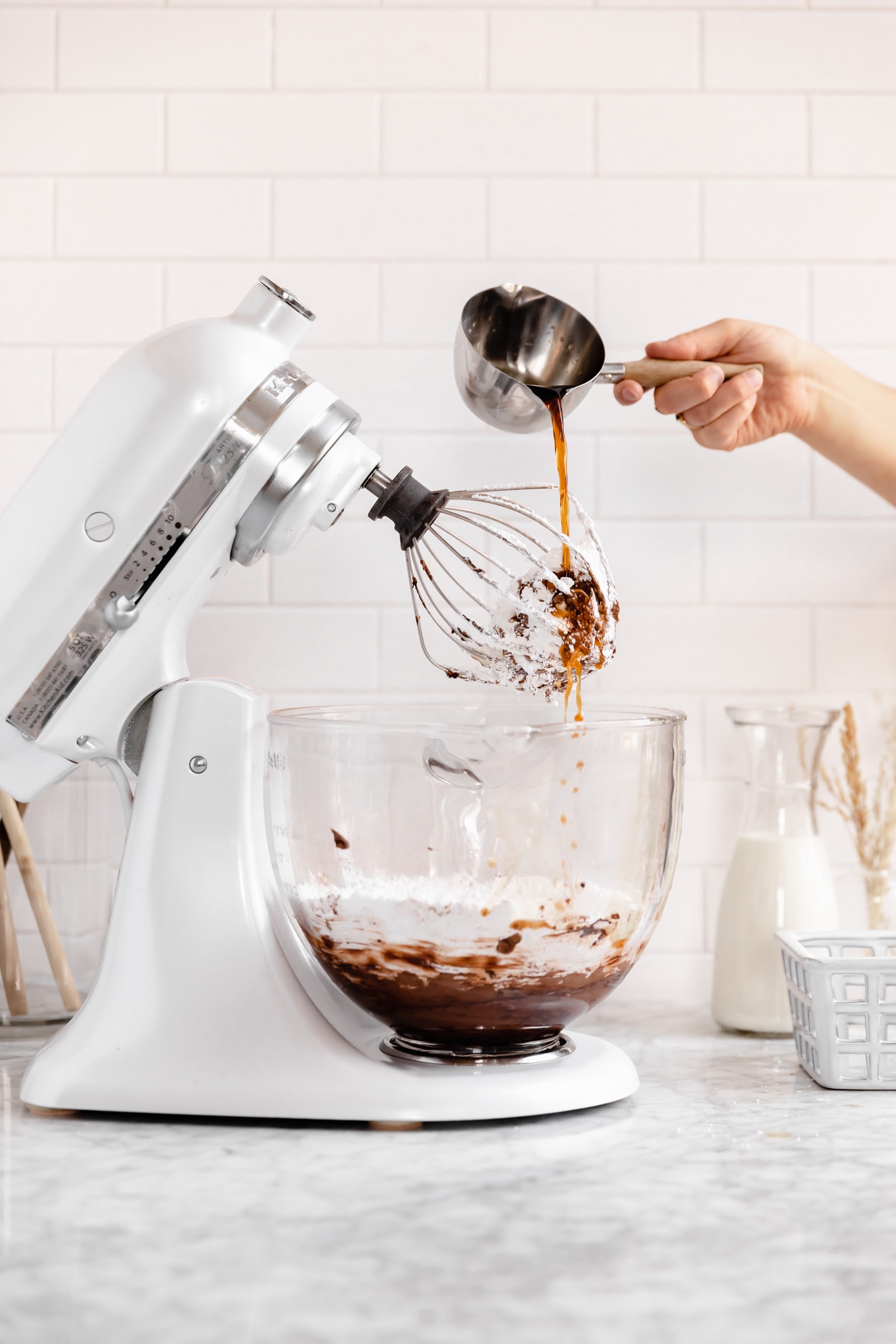 coffee pouring into stand mixer