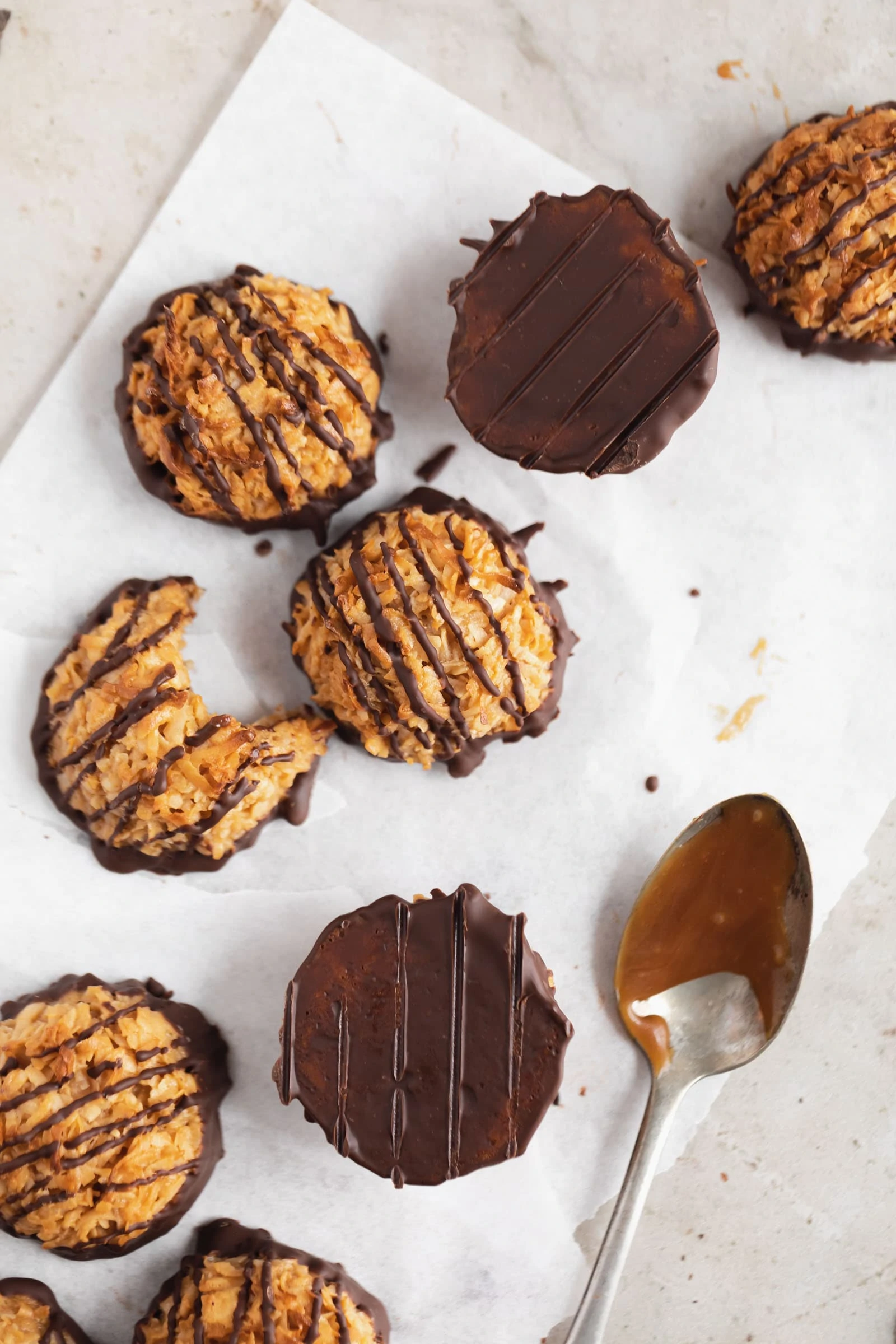 samoas macaroons on parchment paper