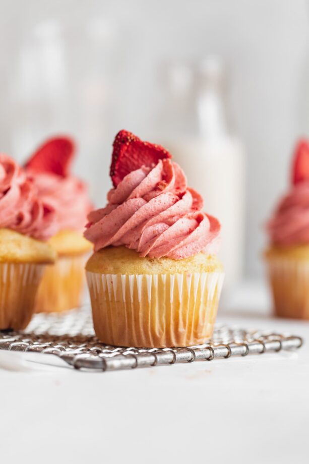 homemade strawberry frosting on a cupcake