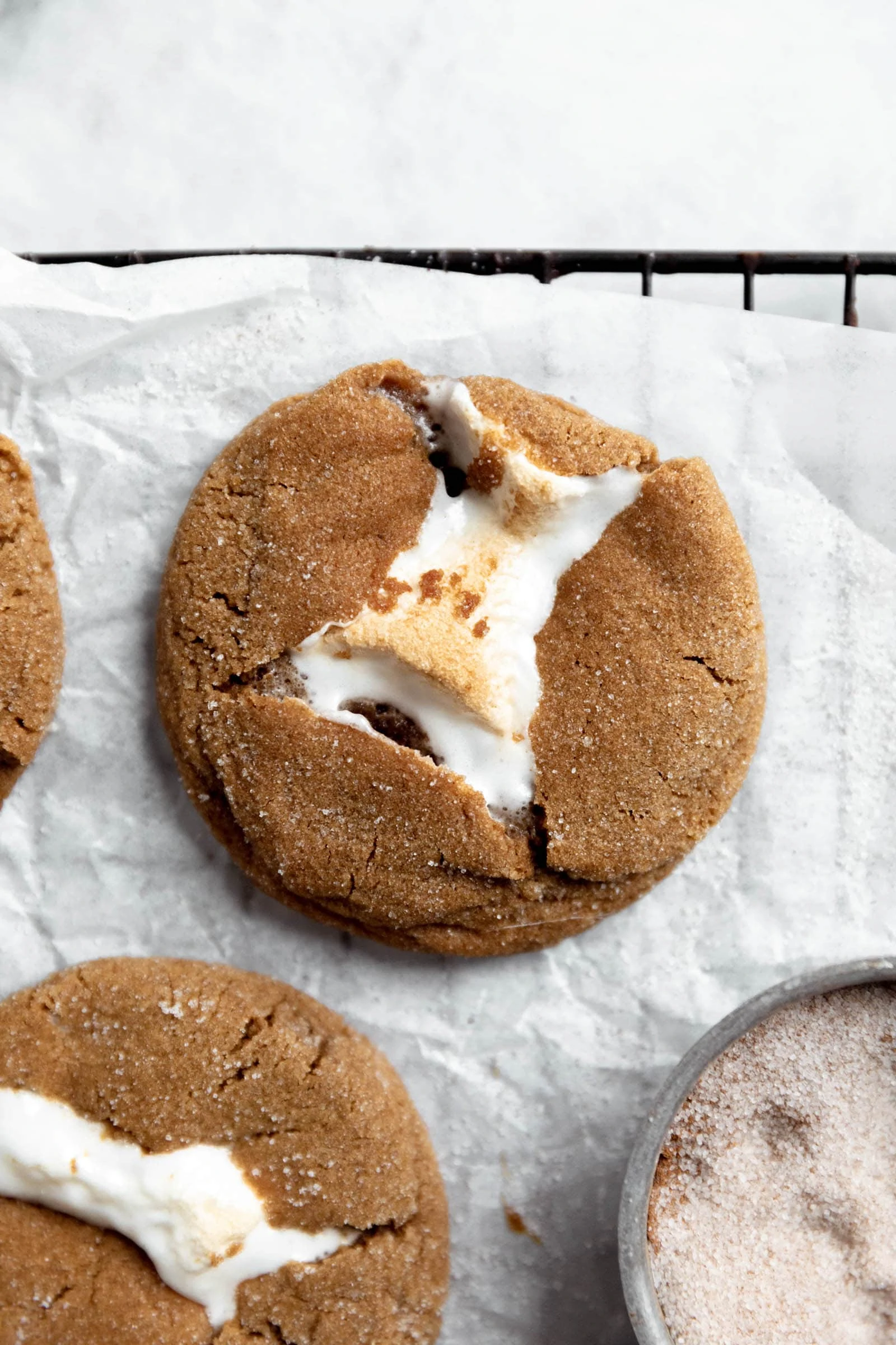 chewy molasses cookies with marshmallow center
