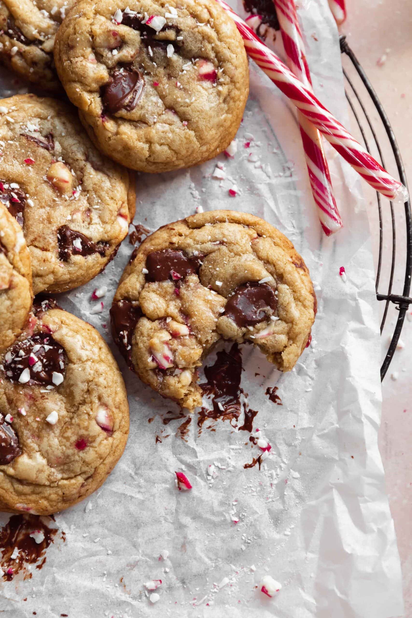 peppermint chocolate chip cookies with candy canes