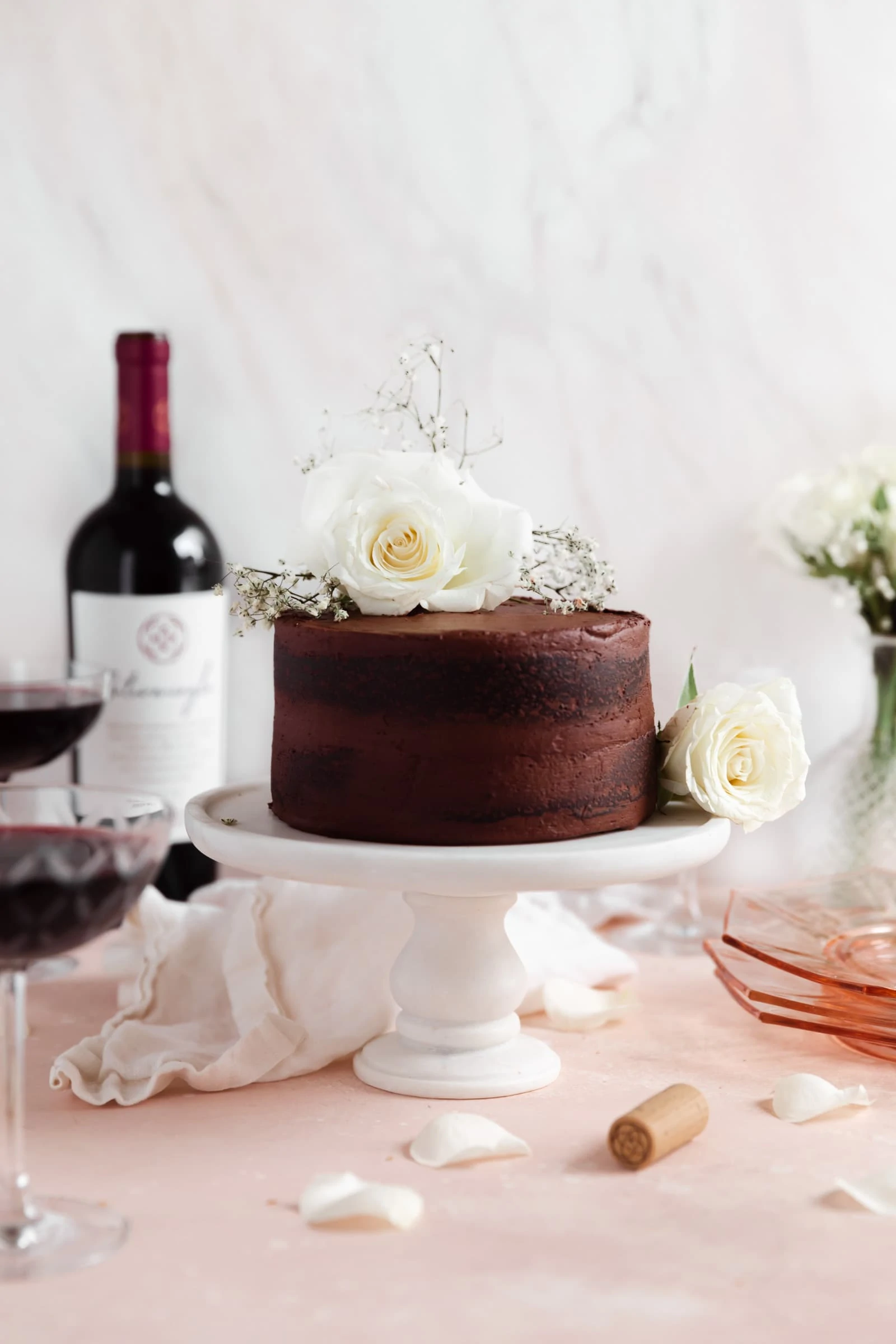 red wine chocolate cake on a cake stand
