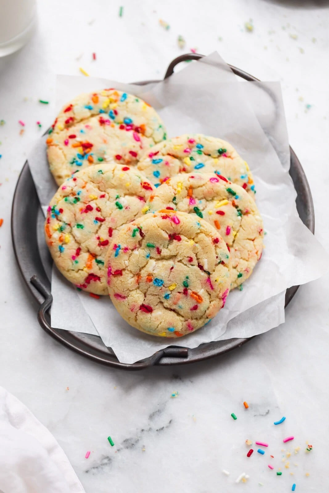 easy funfetti cookies on a tray