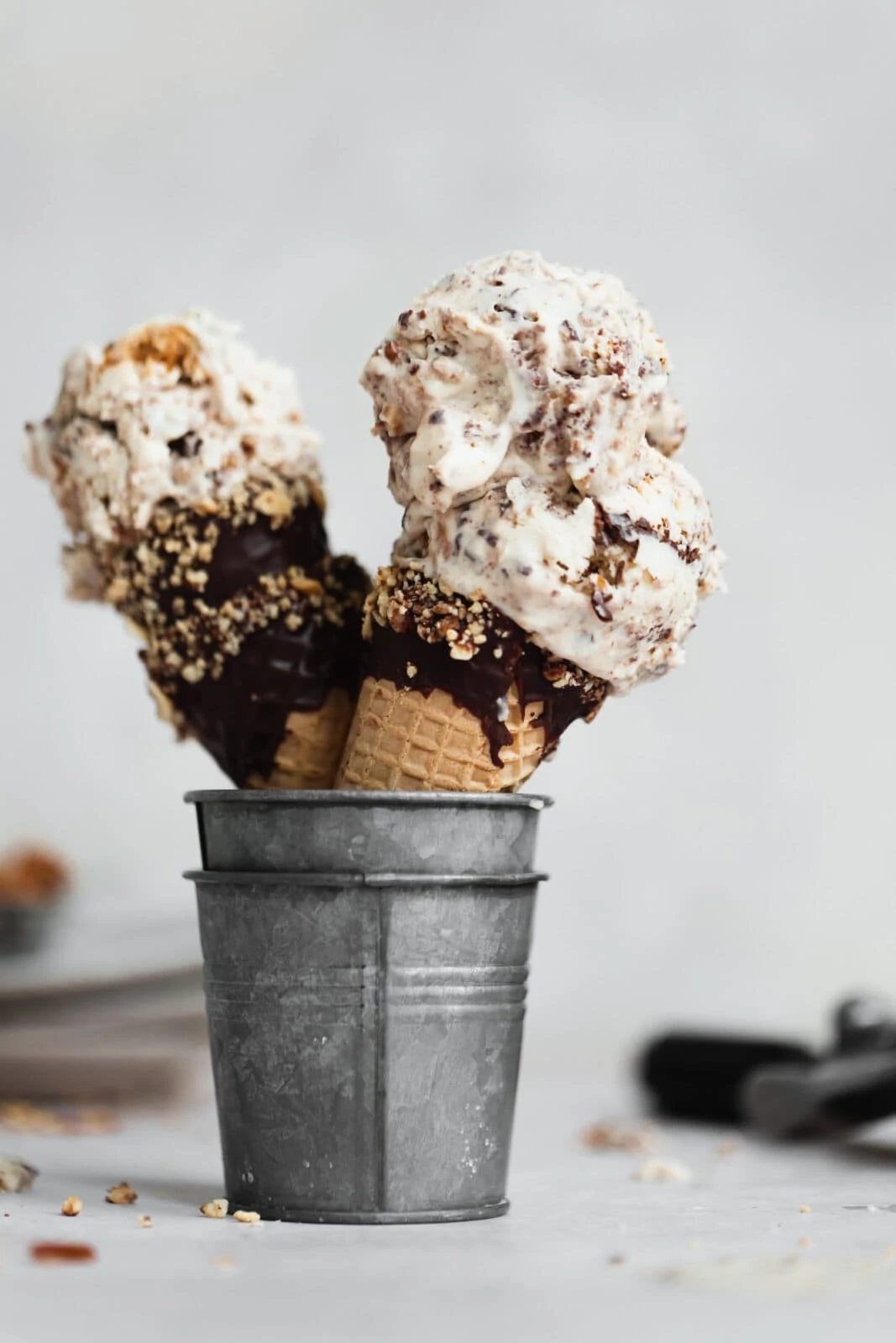 chocolate peanut butter pretzel ice cream in cones
