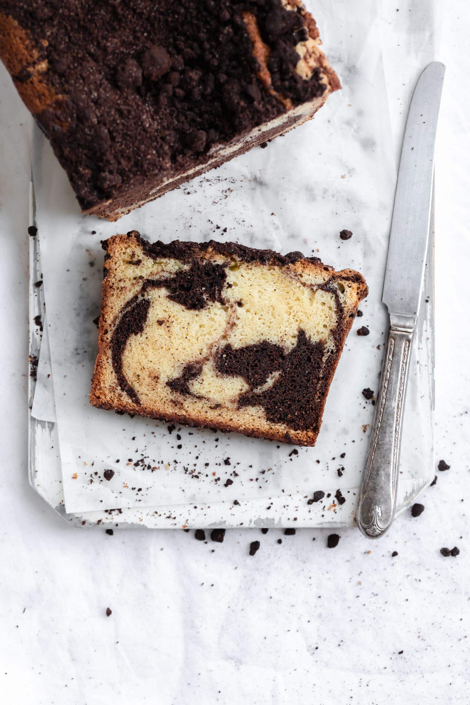 Chocolate Malt Marble Cake with Peanut Butter Frosting.