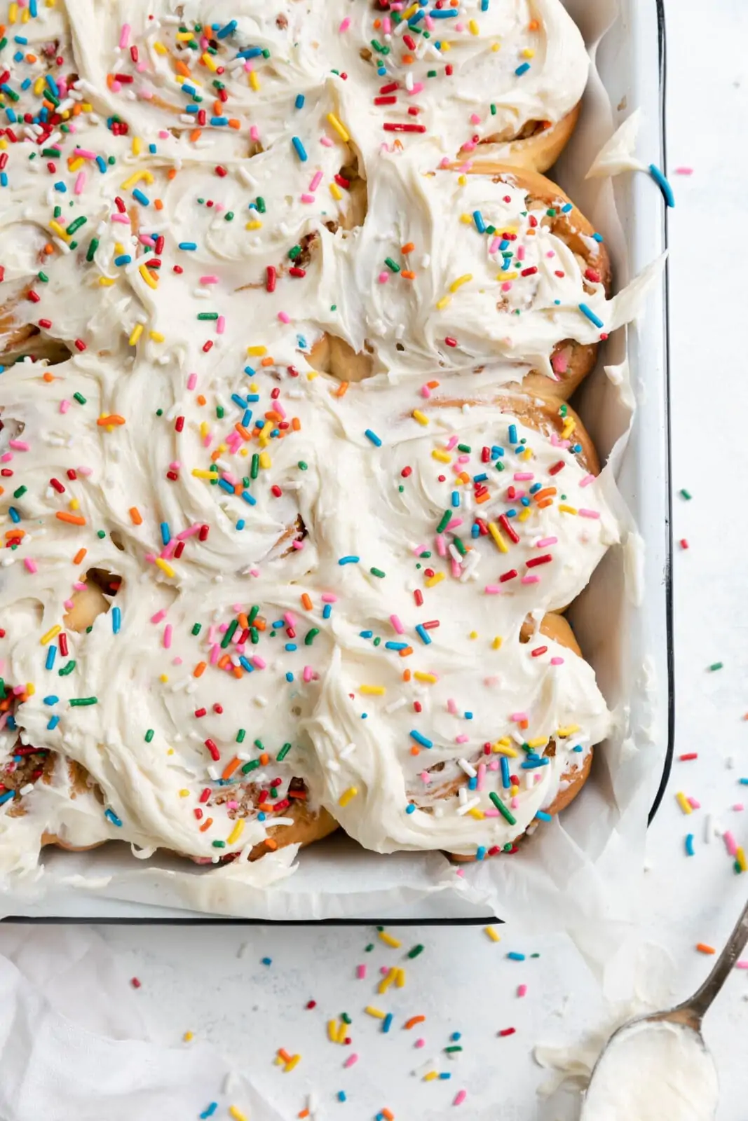 funefetti rolls slathered in frosting with 