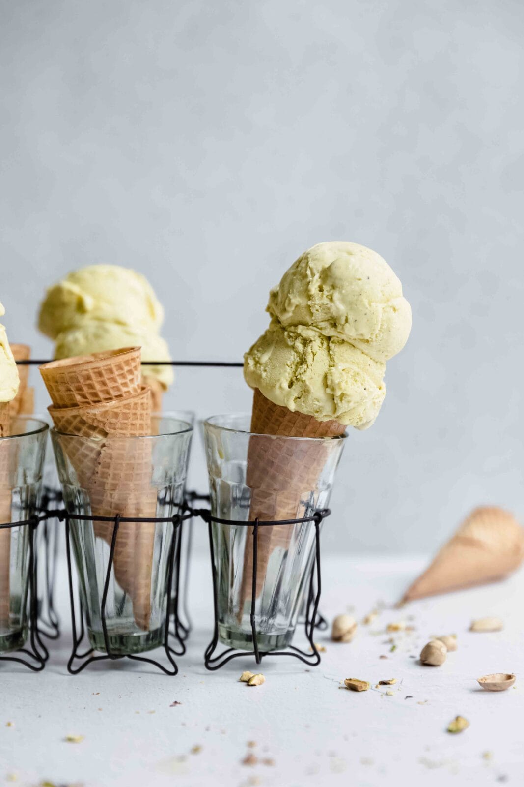 pistachio ice cream in sugar cones