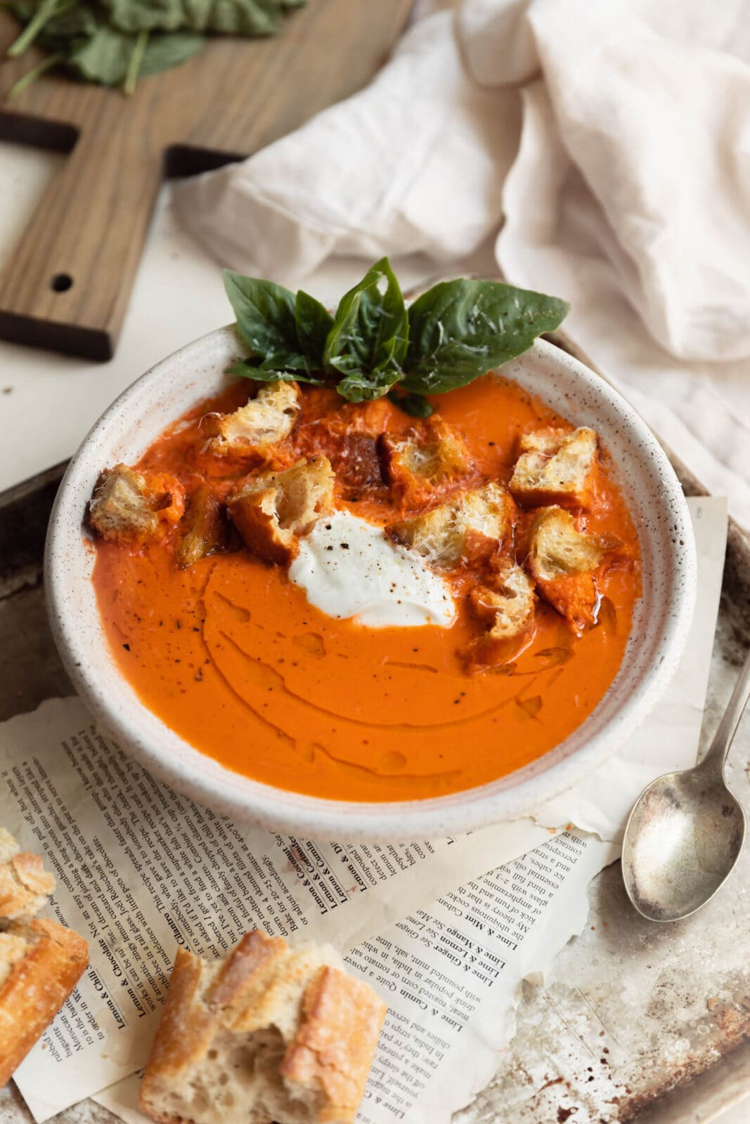 homemade tomato soup in a bowl with croutons