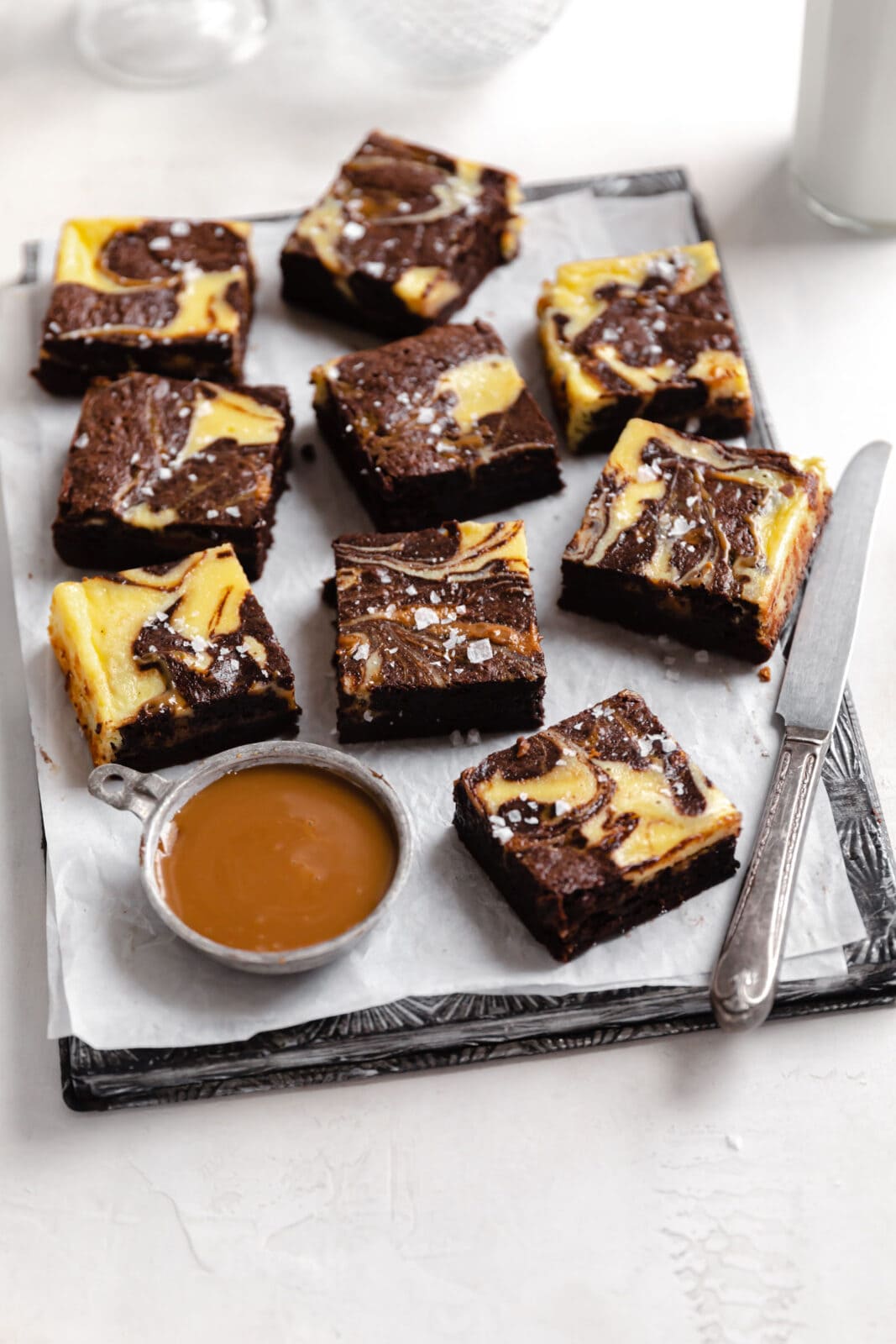 dulce de leche cheesecake brownies cut into squares