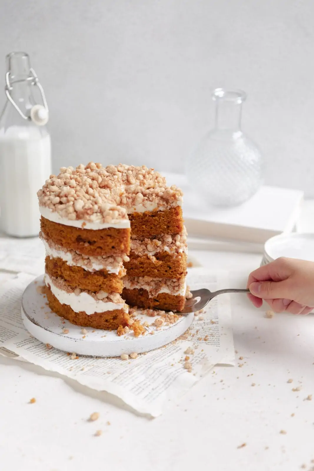 pumpkin cake with cream cheese frosting and streusel filling