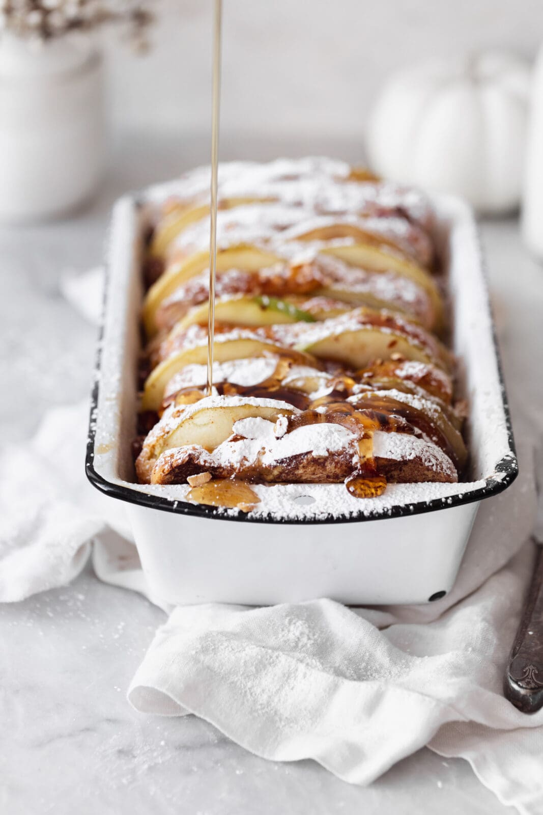 cinnamon apple french toast bake with syrup