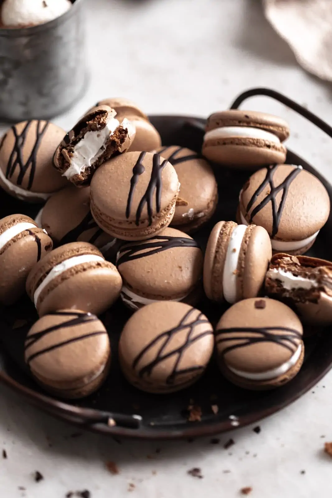 hot chocolate macarons with marshmallow filling