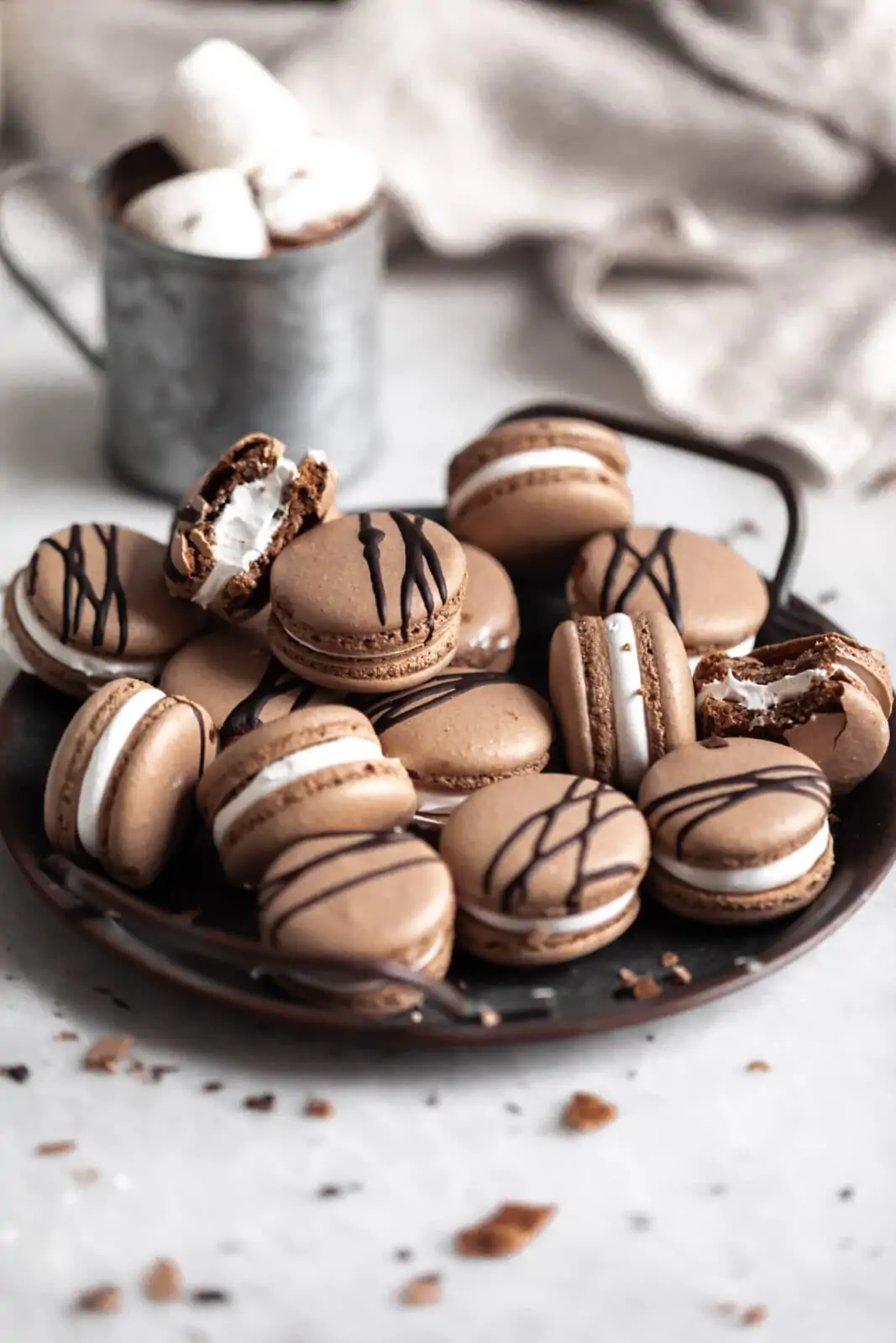 hot chocolate macrons with marshmallw filling