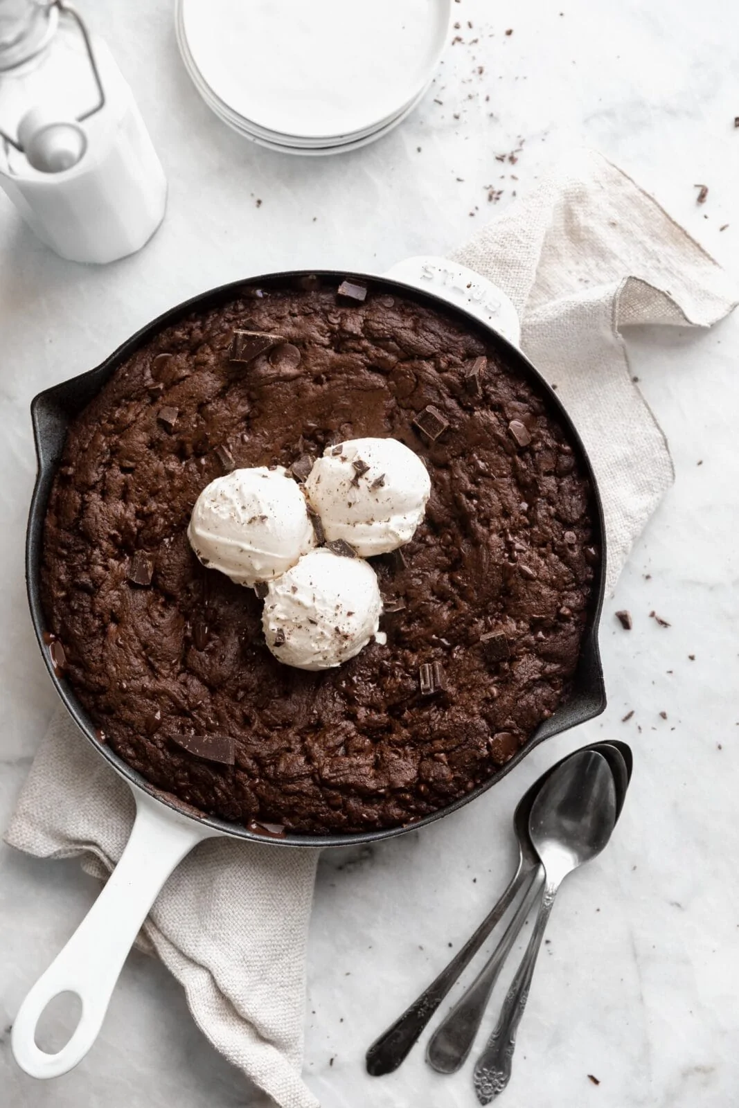 double chocolate skillet cookie with ice cream
