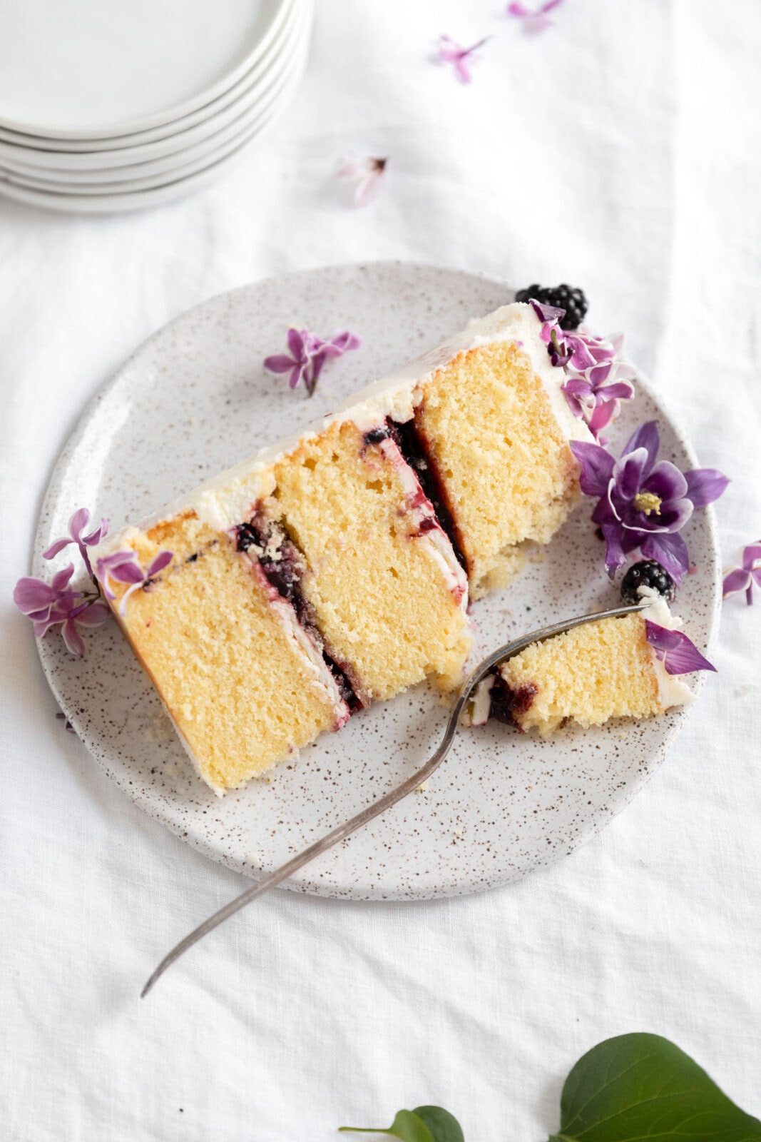 blackberry vanilla cake slice on a plate