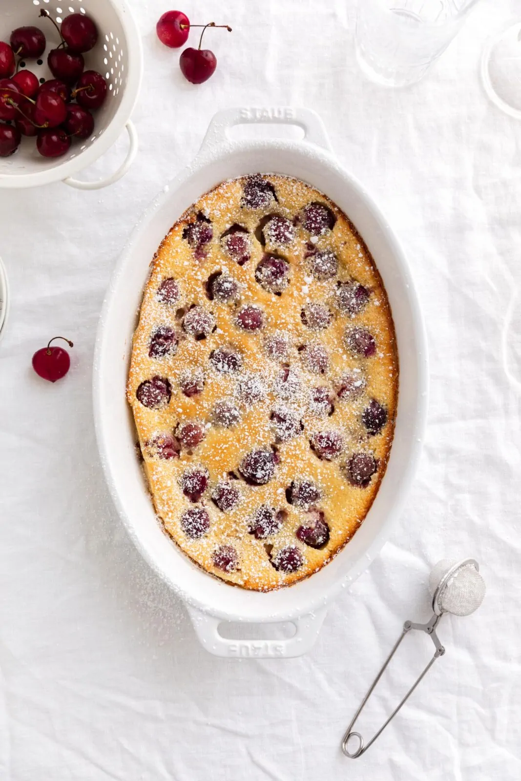 cherry clafoutis in a baking dish