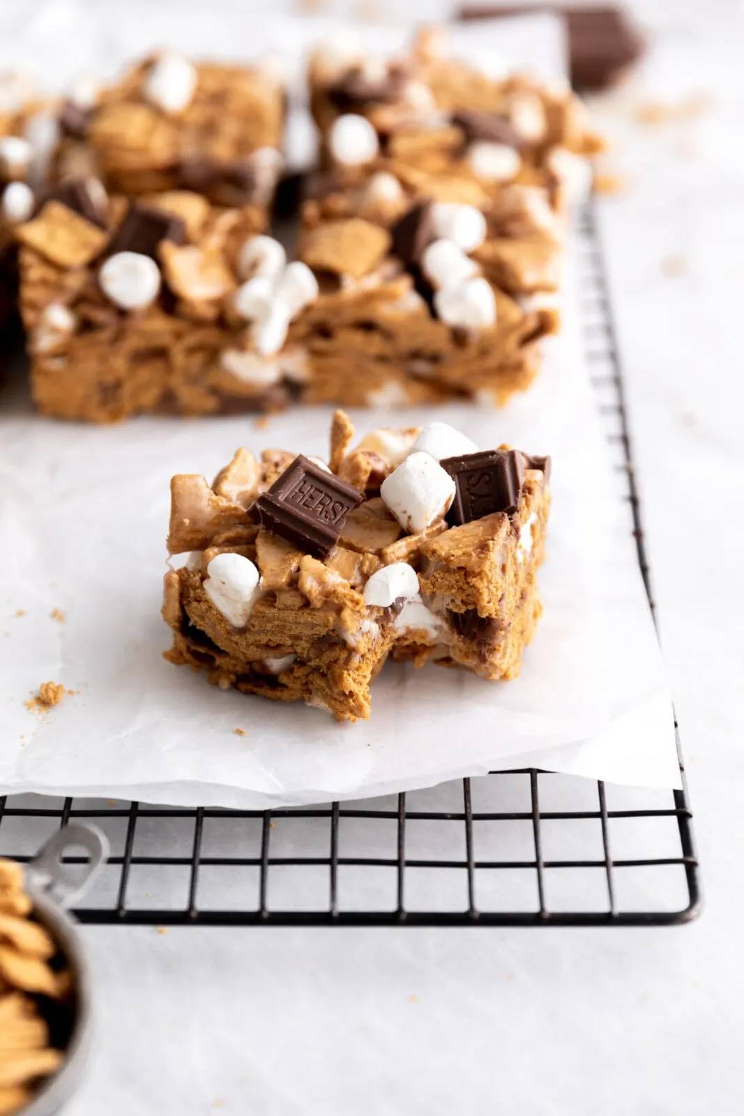golden graham s'mores bar with bite taken out