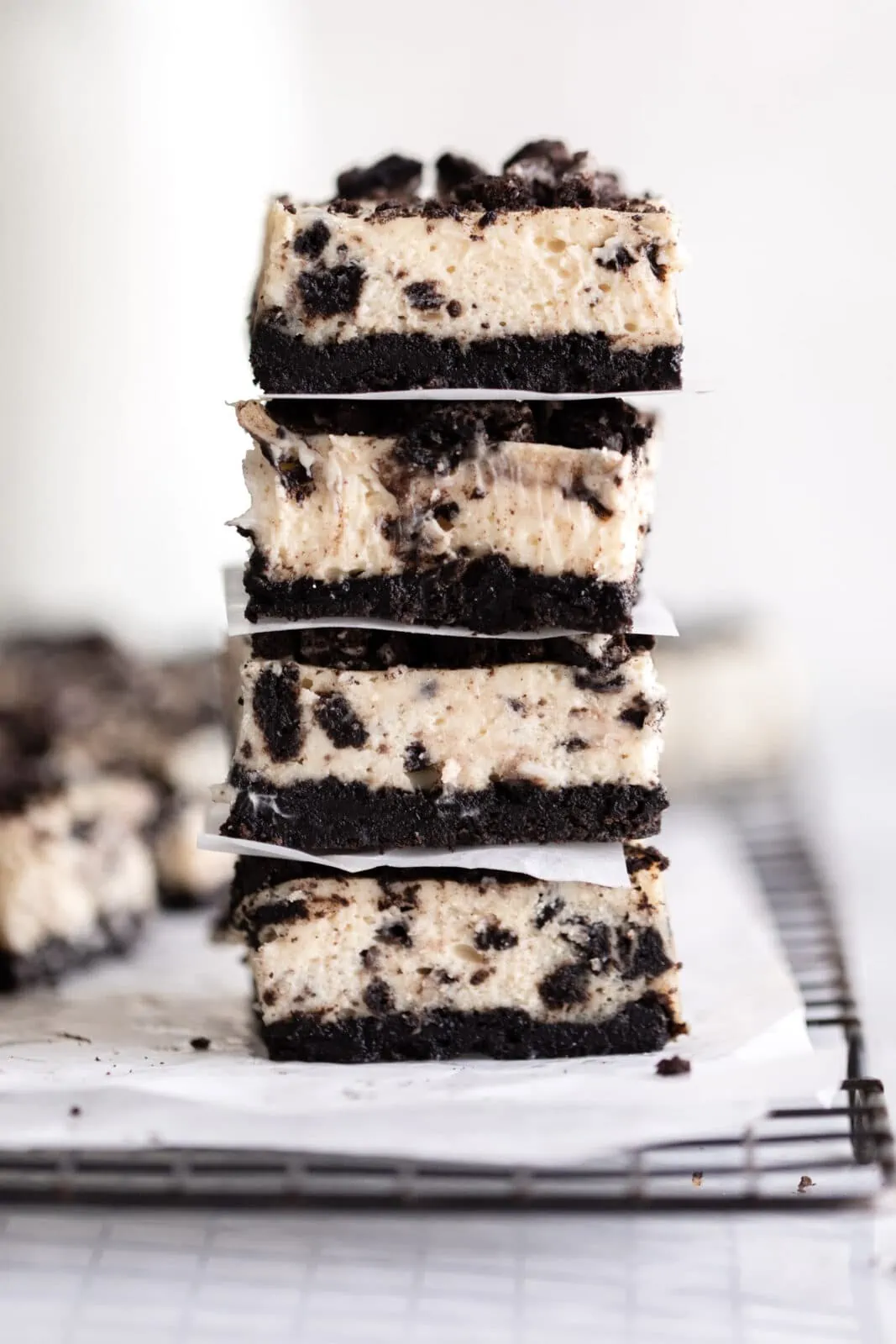 oreo cheesecake bars in a stack
