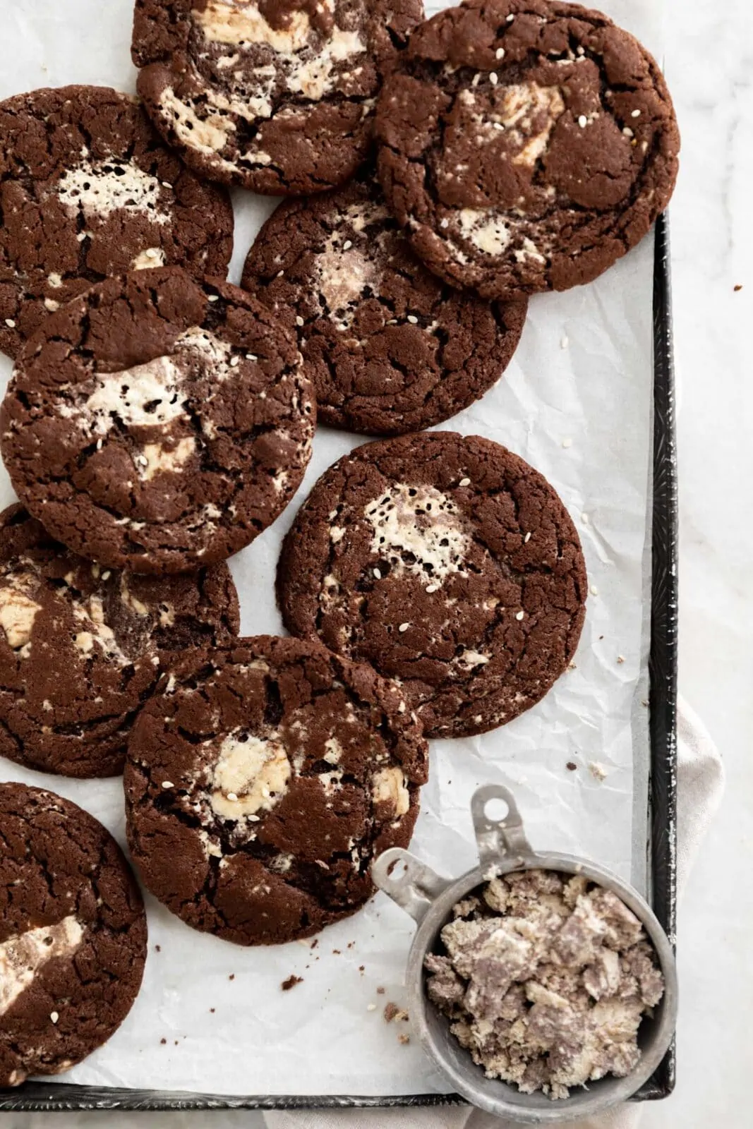 chocolate halva cookies on cookie sheet